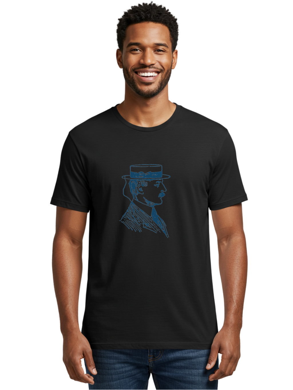 Classic Retro Male Men'S Graphic Tee, 100% Cotton, Comfortable Casual Summer Wear, Machine Washable, Vintage Gentleman, Classic Style, Formal Wear, Elegant Attire, Refined Features, Sophisticated Look, Mustachioed Man, Hat And Tie, Aae192