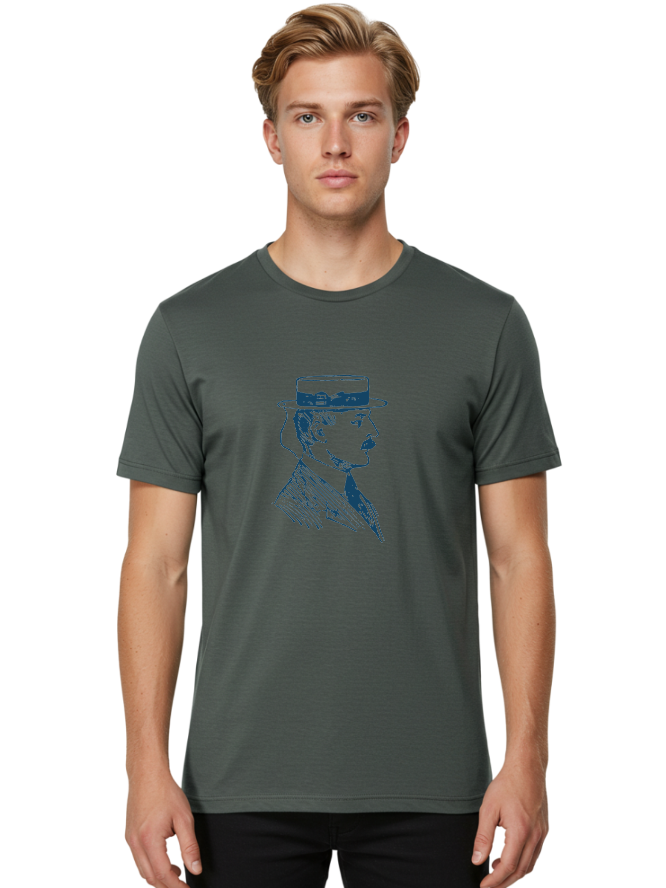 Classic Retro Male Men'S Graphic Tee, 100% Cotton, Comfortable Casual Summer Wear, Machine Washable, Vintage Gentleman, Classic Style, Formal Wear, Elegant Attire, Refined Features, Sophisticated Look, Mustachioed Man, Hat And Tie, Aae192