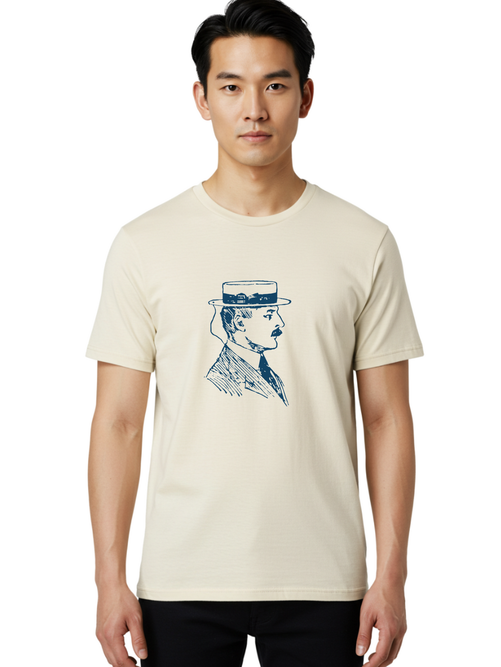 Classic Retro Male Men'S Graphic Tee, 100% Cotton, Comfortable Casual Summer Wear, Machine Washable, Vintage Gentleman, Classic Style, Formal Wear, Elegant Attire, Refined Features, Sophisticated Look, Mustachioed Man, Hat And Tie, Aae192
