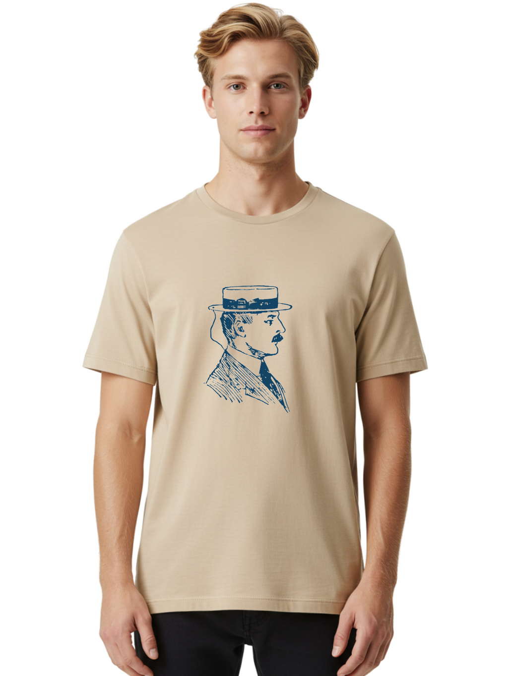 Classic Retro Male Men'S Graphic Tee, 100% Cotton, Comfortable Casual Summer Wear, Machine Washable, Vintage Gentleman, Classic Style, Formal Wear, Elegant Attire, Refined Features, Sophisticated Look, Mustachioed Man, Hat And Tie, Aae192