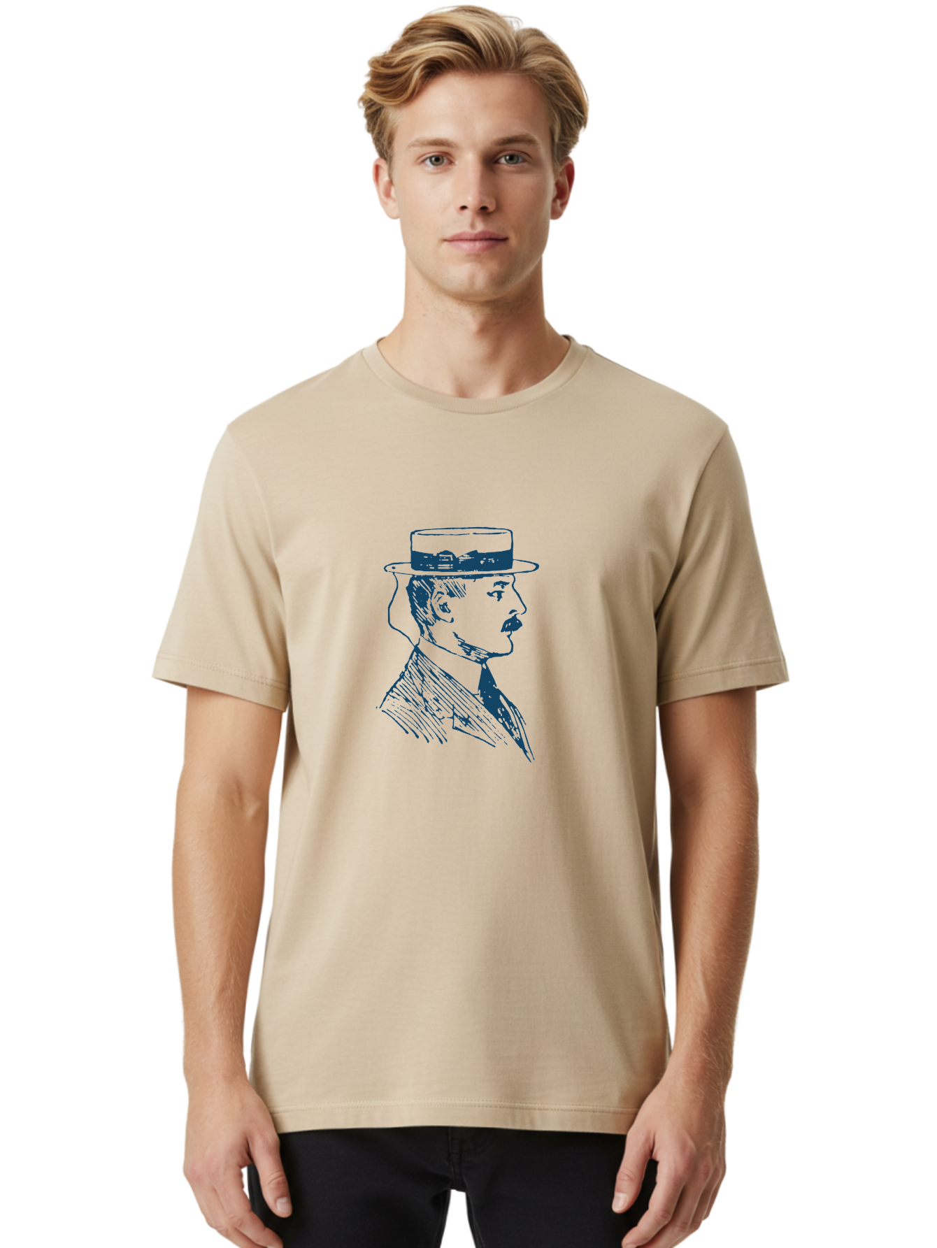Classic Retro Male Men'S Graphic Tee, 100% Cotton, Comfortable Casual Summer Wear, Machine Washable, Vintage Gentleman, Classic Style, Formal Wear, Elegant Attire, Refined Features, Sophisticated Look, Mustachioed Man, Hat And Tie, Aae192