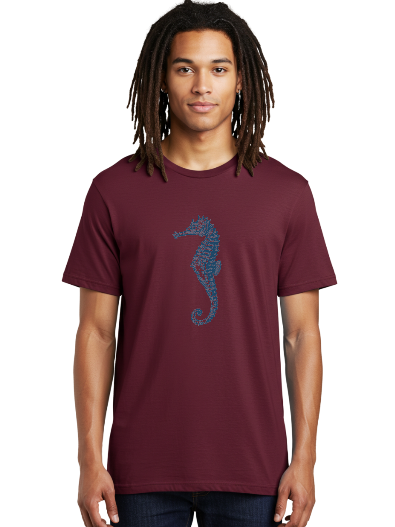 Classic Seahorse Men'S Graphic Tee, 100% Cotton, Comfortable Casual Summer Wear, Machine Washable, Seahorse, Ocean Creature, Marine Life, Underwater World, Blue Illustration, Detailed Artwork, Wildlife, Majestic Animal, Oceanic Beauty, Aae193
