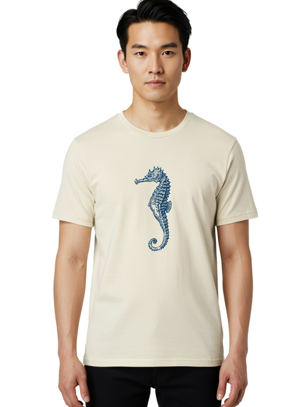 Classic Seahorse Men'S Graphic Tee, 100% Cotton, Comfortable Casual Summer Wear, Machine Washable, Seahorse, Ocean Creature, Marine Life, Underwater World, Blue Illustration, Detailed Artwork, Wildlife, Majestic Animal, Oceanic Beauty, Aae193