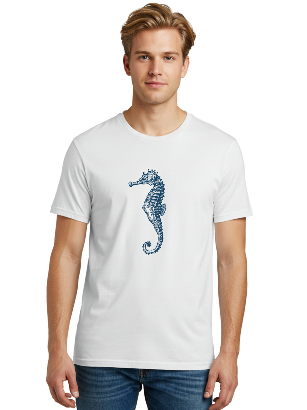 Classic Seahorse Men'S Graphic Tee, 100% Cotton, Comfortable Casual Summer Wear, Machine Washable, Seahorse, Ocean Creature, Marine Life, Underwater World, Blue Illustration, Detailed Artwork, Wildlife, Majestic Animal, Oceanic Beauty, Aae193