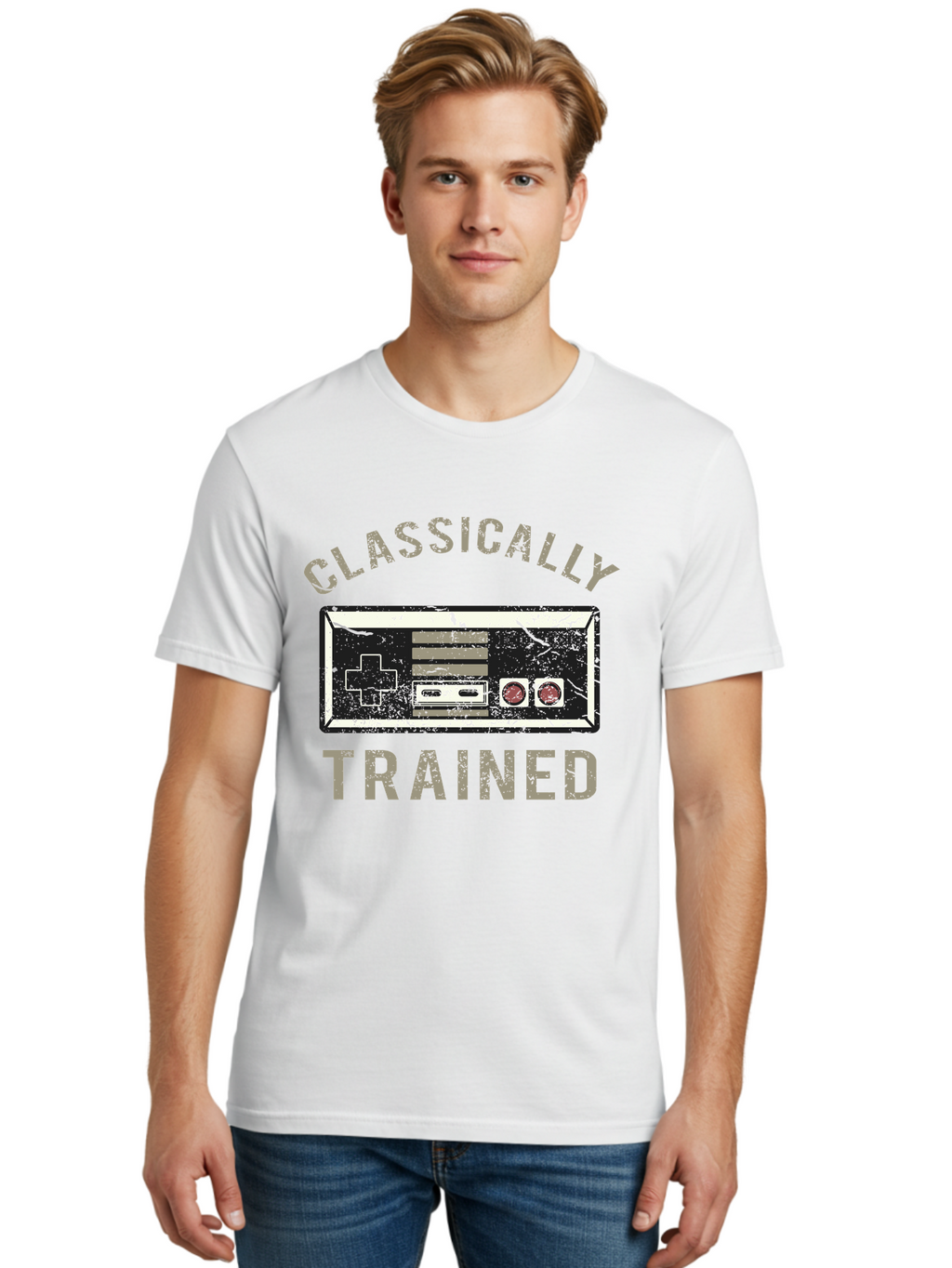 Classically Trained Distressed -Men Men'S Graphic Tee, 100% Cotton, Comfortable Casual Summer Wear, Machine Washable, Retro Video Game Controller, Vintage Gaming, Classic Games, Nostalgic Design, Retro Aesthetic, Gaming Nostalgia, Aae194