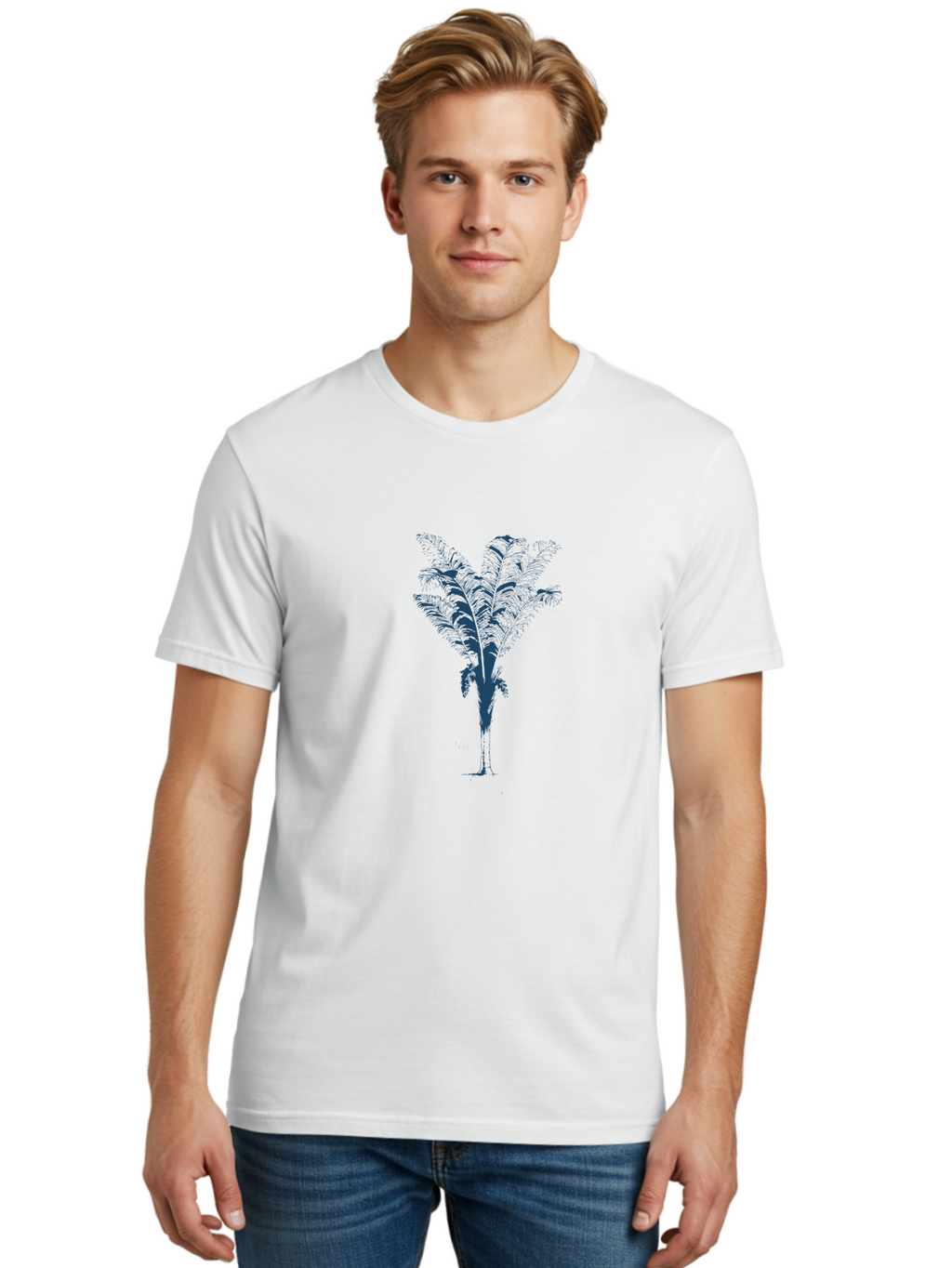 Coastal Palm Men'S Graphic Tee, 100% Cotton, Comfortable Casual Summer Wear, Machine Washable, Palm Tree Illustration, Tropical Plant, Exotic Foliage, Minimalist Design, Blue And Green Hues, Digital Artwork, Modern Graphics Aae197