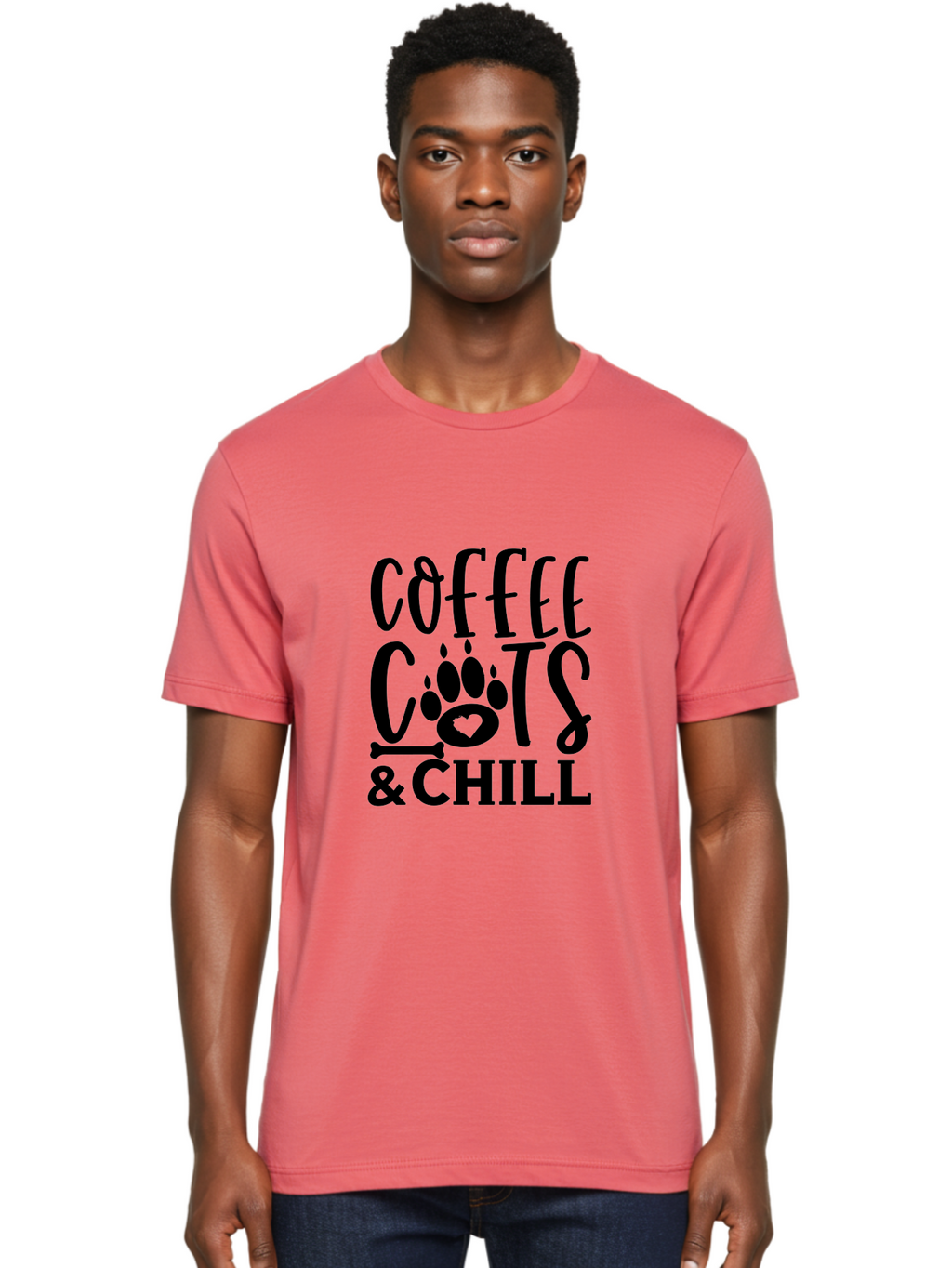Coffee Cats And Chill Men'S Graphic Tee, 100% Cotton, Comfortable Casual Summer Wear, Machine Washable, Coffee Lovers, Cat Mom, Cat Dad, Dog Lovers, Bone Design, Paw Print, Relaxed Vibe, Chill Atmosphere, Funny Quote, Typography, Pet Owners Aae199