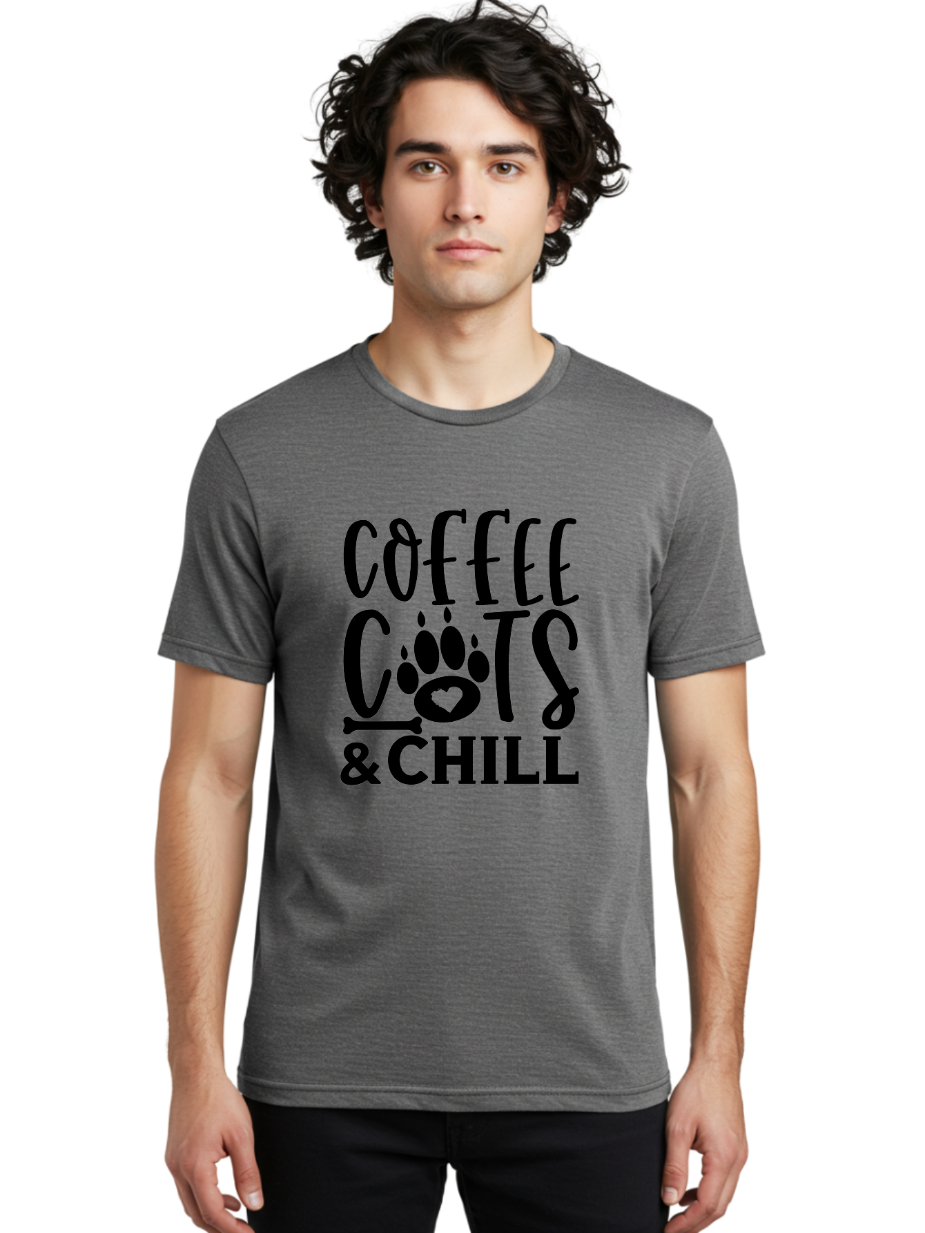 Coffee Cats And Chill Men'S Graphic Tee, 100% Cotton, Comfortable Casual Summer Wear, Machine Washable, Coffee Lovers, Cat Mom, Cat Dad, Dog Lovers, Bone Design, Paw Print, Relaxed Vibe, Chill Atmosphere, Funny Quote, Typography, Pet Owners Aae199