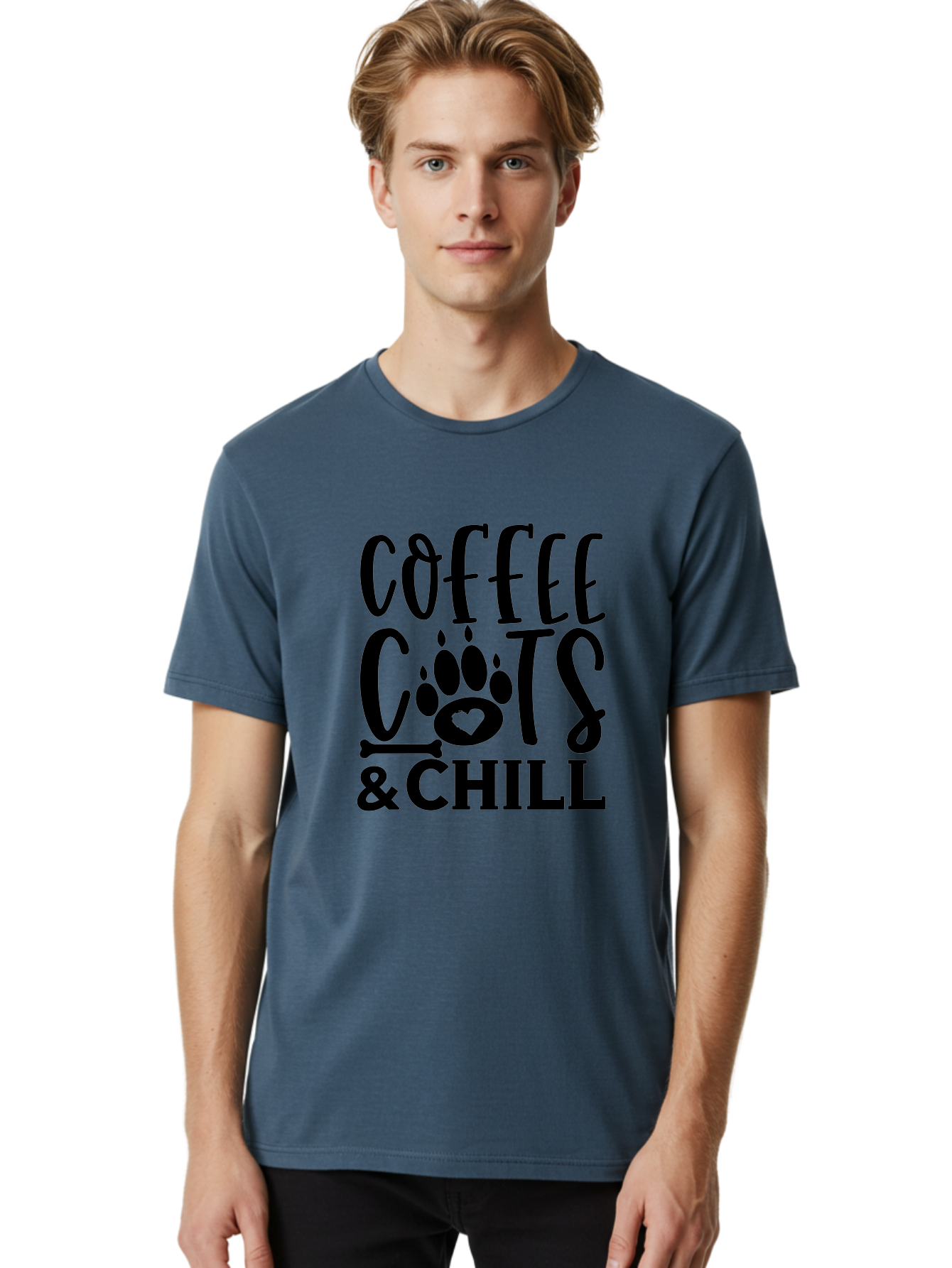 Coffee Cats And Chill Men'S Graphic Tee, 100% Cotton, Comfortable Casual Summer Wear, Machine Washable, Coffee Lovers, Cat Mom, Cat Dad, Dog Lovers, Bone Design, Paw Print, Relaxed Vibe, Chill Atmosphere, Funny Quote, Typography, Pet Owners Aae199