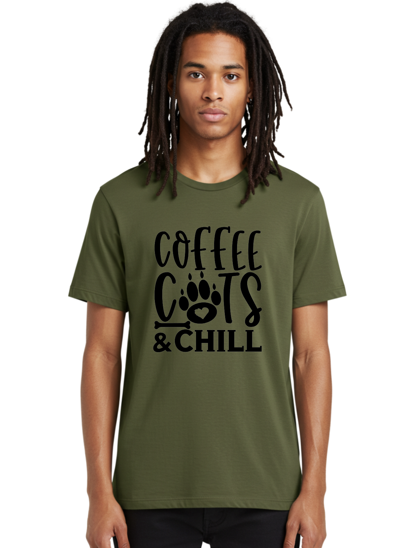 Coffee Cats And Chill Men'S Graphic Tee, 100% Cotton, Comfortable Casual Summer Wear, Machine Washable, Coffee Lovers, Cat Mom, Cat Dad, Dog Lovers, Bone Design, Paw Print, Relaxed Vibe, Chill Atmosphere, Funny Quote, Typography, Pet Owners Aae199