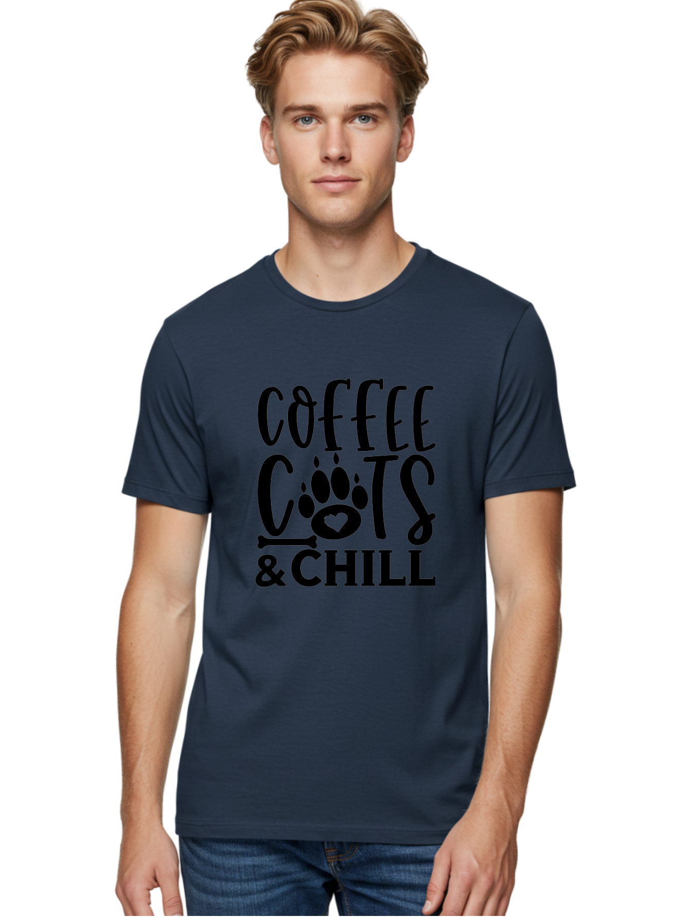 Coffee Cats And Chill Men'S Graphic Tee, 100% Cotton, Comfortable Casual Summer Wear, Machine Washable, Coffee Lovers, Cat Mom, Cat Dad, Dog Lovers, Bone Design, Paw Print, Relaxed Vibe, Chill Atmosphere, Funny Quote, Typography, Pet Owners Aae199
