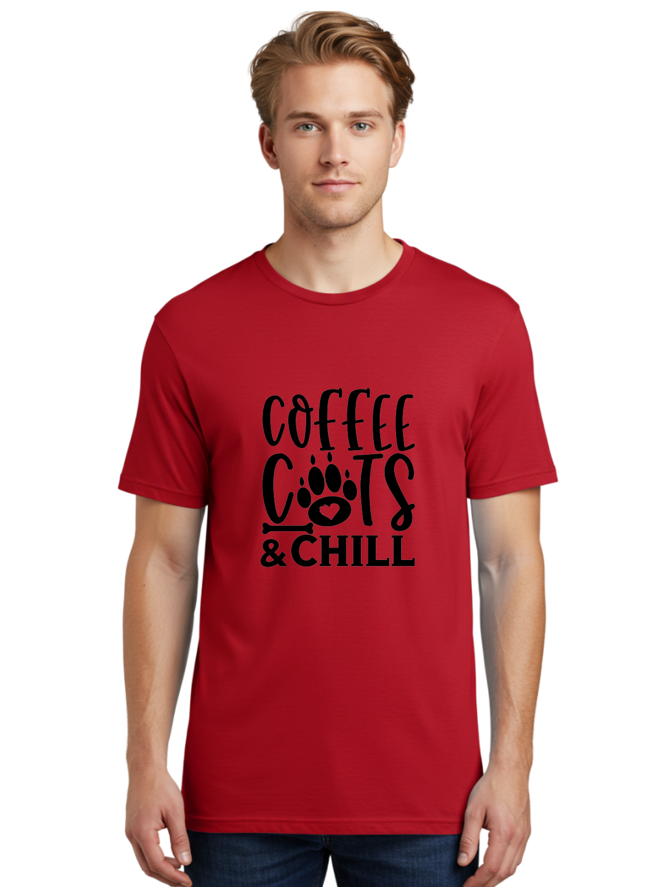 Coffee Cats And Chill Men'S Graphic Tee, 100% Cotton, Comfortable Casual Summer Wear, Machine Washable, Coffee Lovers, Cat Mom, Cat Dad, Dog Lovers, Bone Design, Paw Print, Relaxed Vibe, Chill Atmosphere, Funny Quote, Typography, Pet Owners Aae199