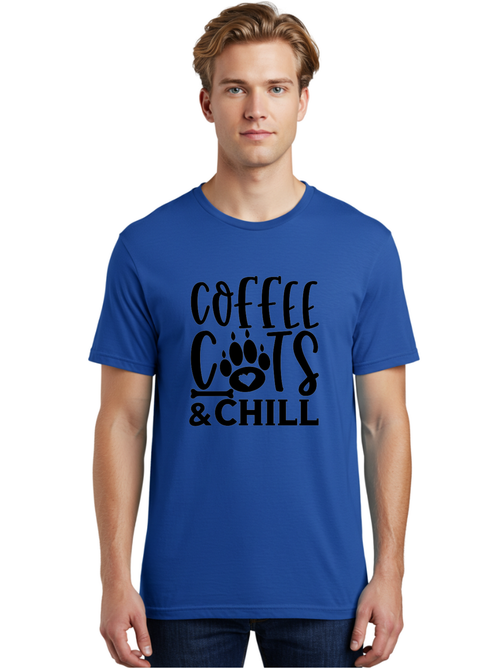 Coffee Cats And Chill Men'S Graphic Tee, 100% Cotton, Comfortable Casual Summer Wear, Machine Washable, Coffee Lovers, Cat Mom, Cat Dad, Dog Lovers, Bone Design, Paw Print, Relaxed Vibe, Chill Atmosphere, Funny Quote, Typography, Pet Owners Aae199