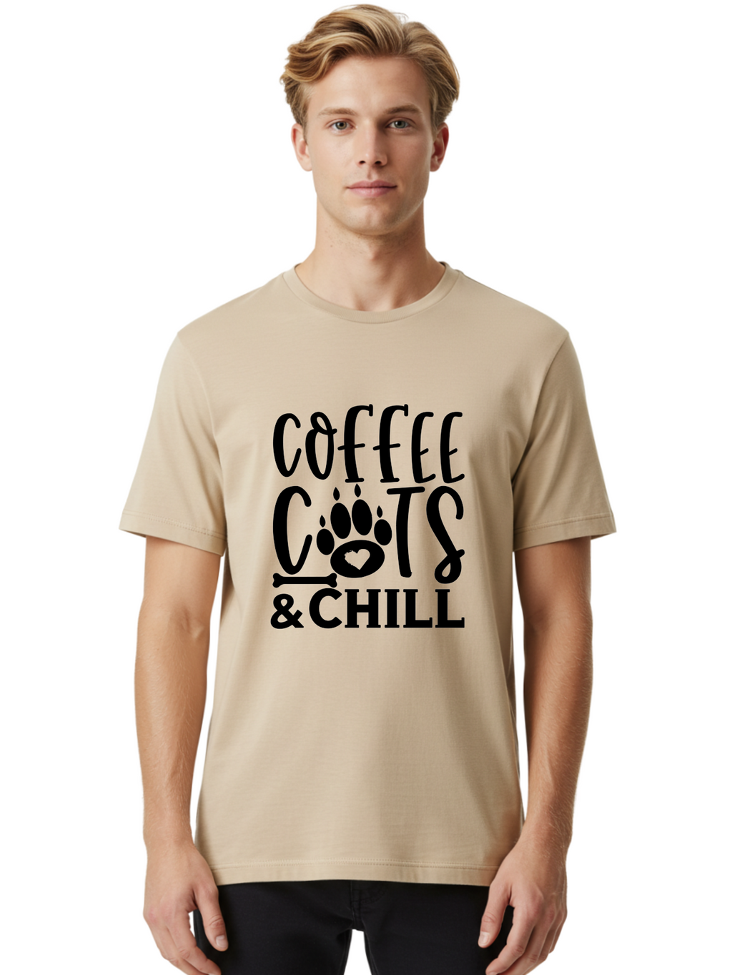 Coffee Cats And Chill Men'S Graphic Tee, 100% Cotton, Comfortable Casual Summer Wear, Machine Washable, Coffee Lovers, Cat Mom, Cat Dad, Dog Lovers, Bone Design, Paw Print, Relaxed Vibe, Chill Atmosphere, Funny Quote, Typography, Pet Owners Aae199