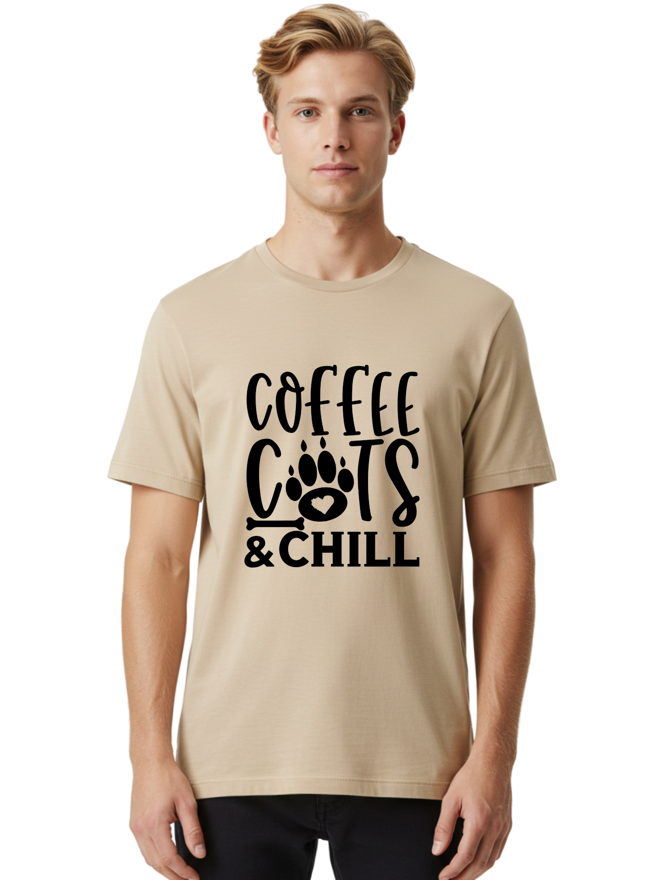 Coffee Cats And Chill Men'S Graphic Tee, 100% Cotton, Comfortable Casual Summer Wear, Machine Washable, Coffee Lovers, Cat Mom, Cat Dad, Dog Lovers, Bone Design, Paw Print, Relaxed Vibe, Chill Atmosphere, Funny Quote, Typography, Pet Owners Aae199