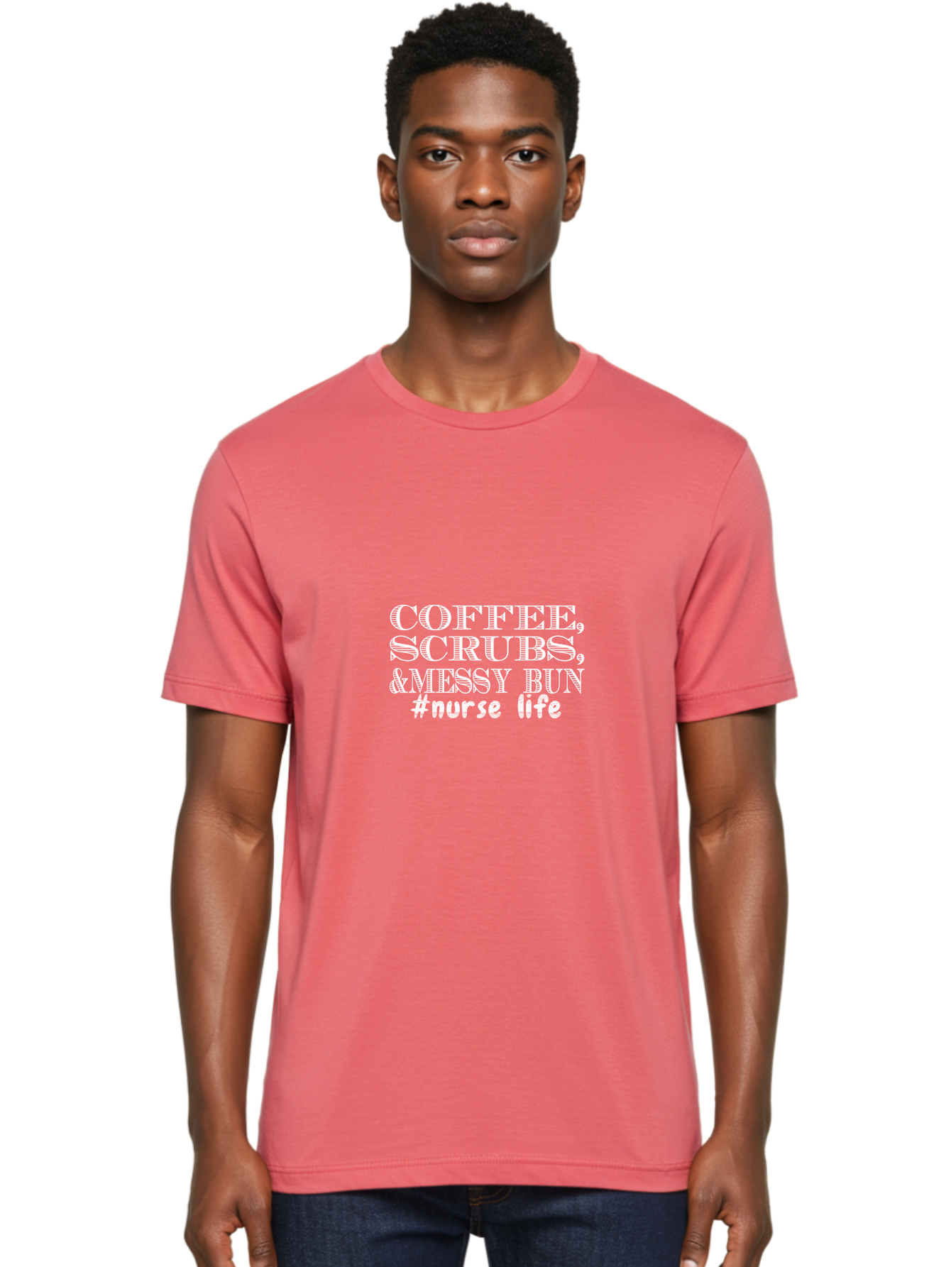 Coffee Scrubs &Messy Bun Men'S Graphic Tee, 100% Cotton, Comfortable Casual Summer Wear, Machine Washable, Nurse Life, Coffee Culture, Medical Profession, Healthcare Workers, Nursing Humor, Hospital Life, Medical Scrubs, Messy Bun Hairstyle Aae204