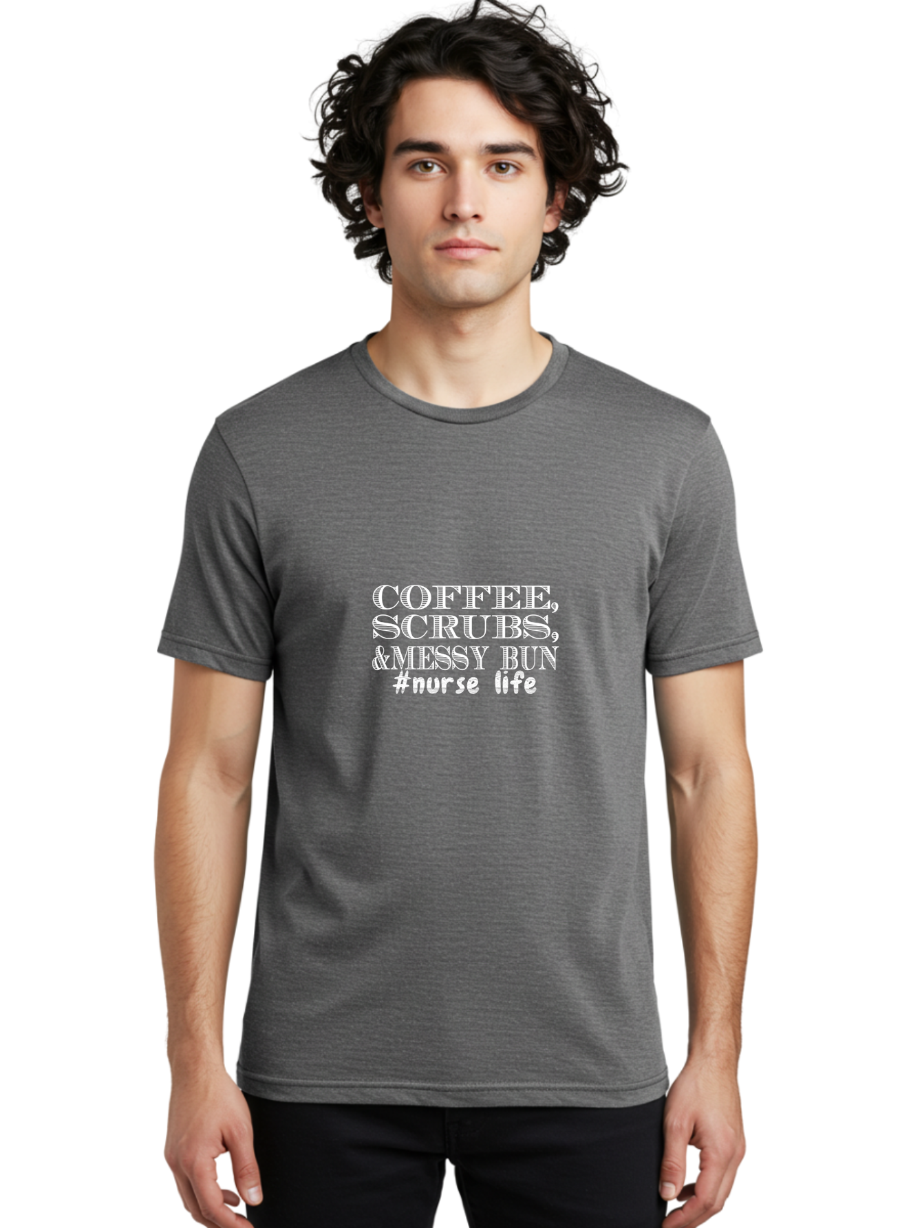 Coffee Scrubs &Messy Bun Men'S Graphic Tee, 100% Cotton, Comfortable Casual Summer Wear, Machine Washable, Nurse Life, Coffee Culture, Medical Profession, Healthcare Workers, Nursing Humor, Hospital Life, Medical Scrubs, Messy Bun Hairstyle Aae204