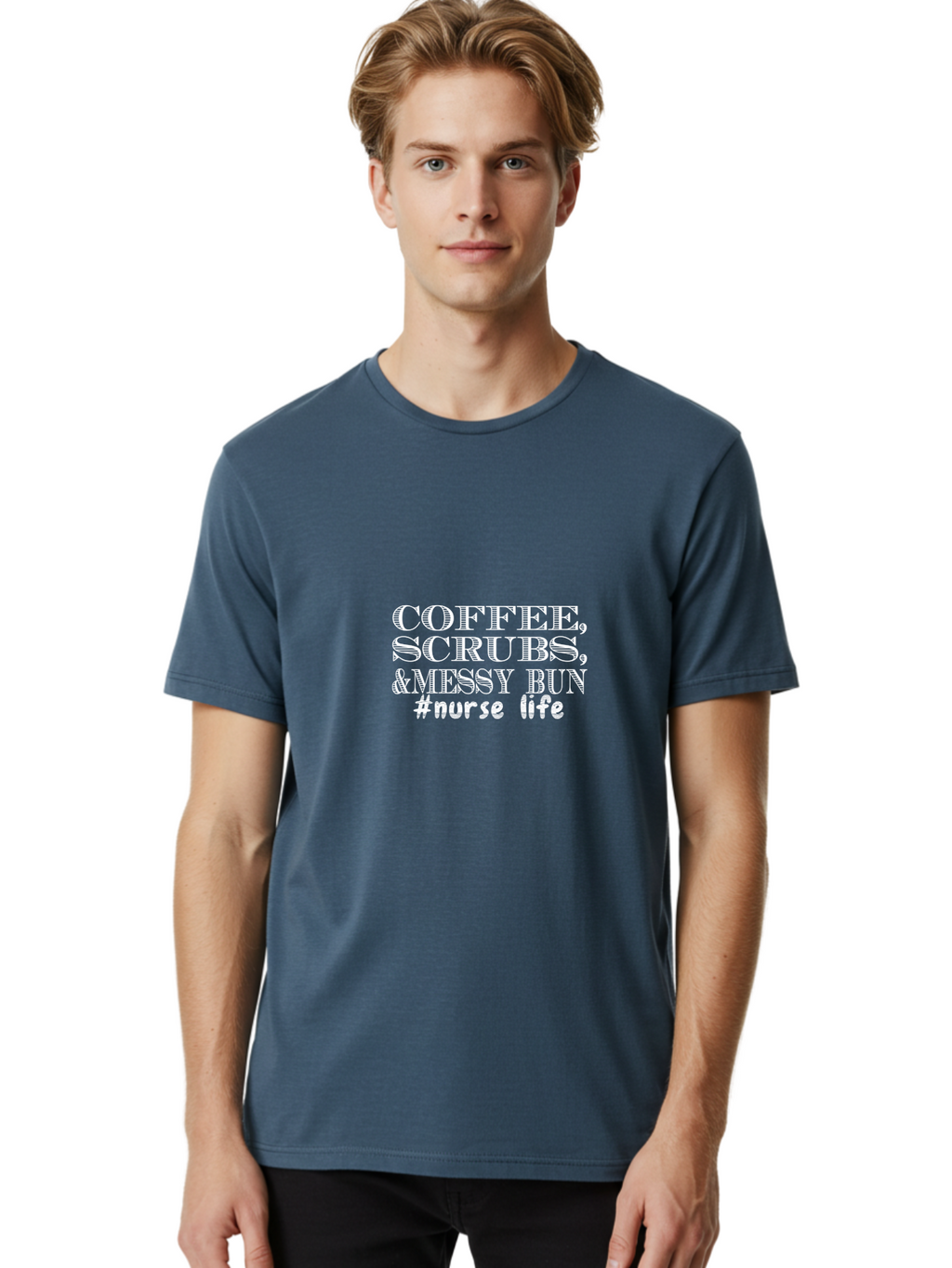 Coffee Scrubs &Messy Bun Men'S Graphic Tee, 100% Cotton, Comfortable Casual Summer Wear, Machine Washable, Nurse Life, Coffee Culture, Medical Profession, Healthcare Workers, Nursing Humor, Hospital Life, Medical Scrubs, Messy Bun Hairstyle Aae204