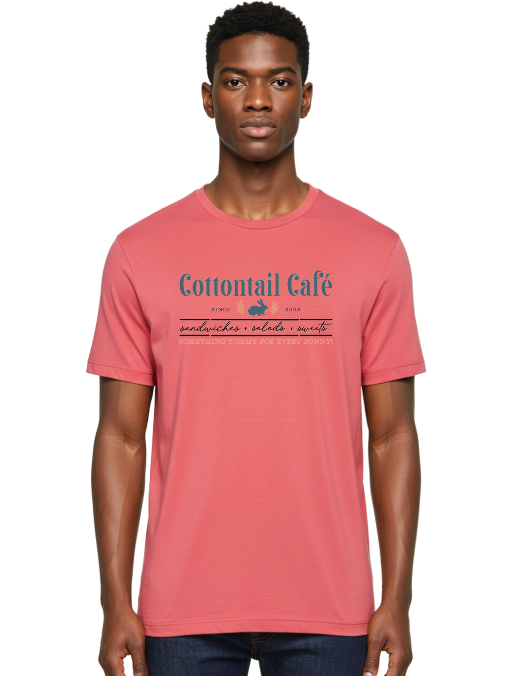 Cottontail Cafe Men'S Graphic Tee, 100% Cotton, Comfortable Casual Summer Wear, Machine Washable, Cafe Menu, Sandwiches, Salads, Sweets, Cottontail, Rabbit, Bistro, Dining, Restaurant, Food, Treats, Yummy, Bunny Aae206