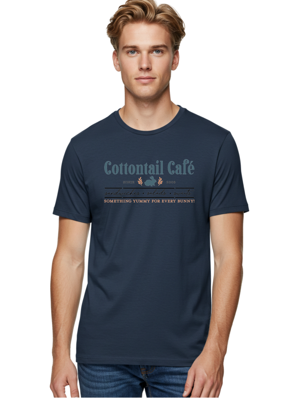 Cottontail Cafe Men'S Graphic Tee, 100% Cotton, Comfortable Casual Summer Wear, Machine Washable, Cafe Menu, Sandwiches, Salads, Sweets, Cottontail, Rabbit, Bistro, Dining, Restaurant, Food, Treats, Yummy, Bunny Aae206