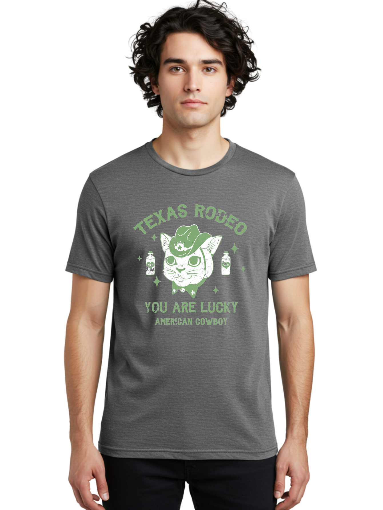 Cowboy Men'S Graphic Tee, 100% Cotton, Comfortable Casual Summer Wear, Machine Washable, Cowboy Cat, Western Wear, Texas Rodeo, Lucky Charm, American Cowboy, Feline Cowboy, Country Style, Cowboy Hat, Star Motif, Whiskey Bottles, Retro Vibe, Aae208