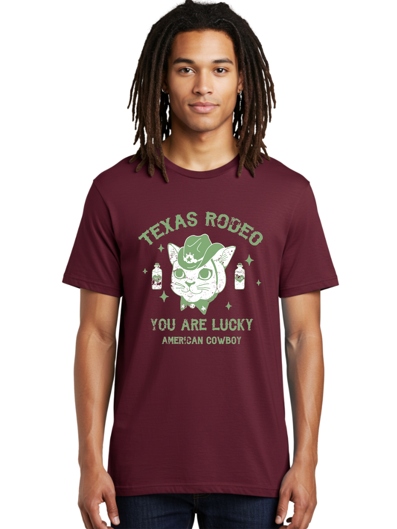 Cowboy Men'S Graphic Tee, 100% Cotton, Comfortable Casual Summer Wear, Machine Washable, Cowboy Cat, Western Wear, Texas Rodeo, Lucky Charm, American Cowboy, Feline Cowboy, Country Style, Cowboy Hat, Star Motif, Whiskey Bottles, Retro Vibe, Aae208