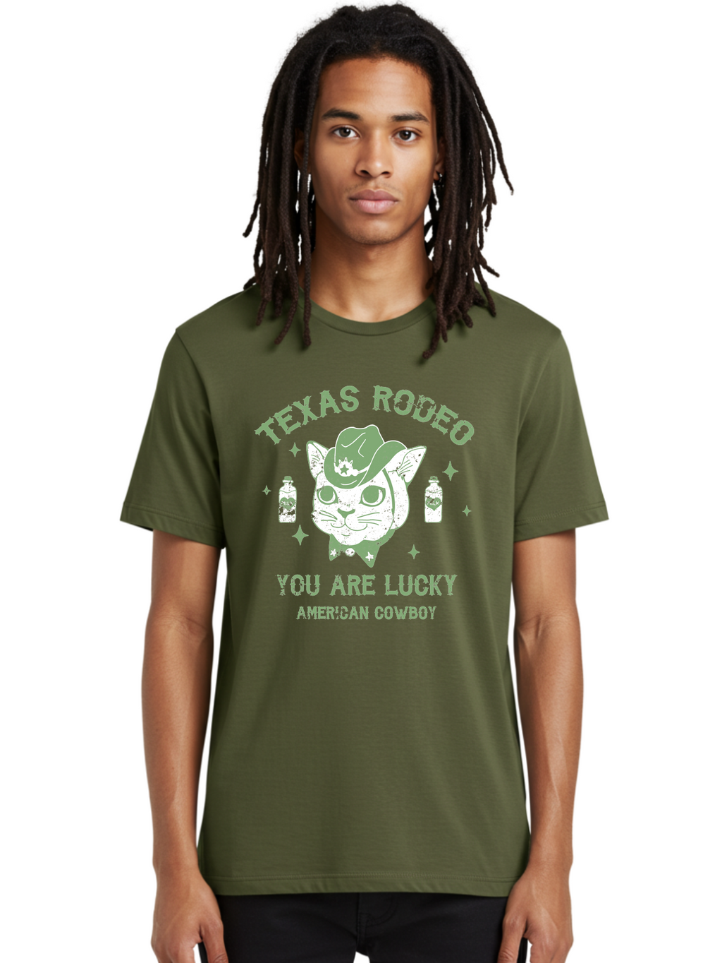 Cowboy Men'S Graphic Tee, 100% Cotton, Comfortable Casual Summer Wear, Machine Washable, Cowboy Cat, Western Wear, Texas Rodeo, Lucky Charm, American Cowboy, Feline Cowboy, Country Style, Cowboy Hat, Star Motif, Whiskey Bottles, Retro Vibe, Aae208