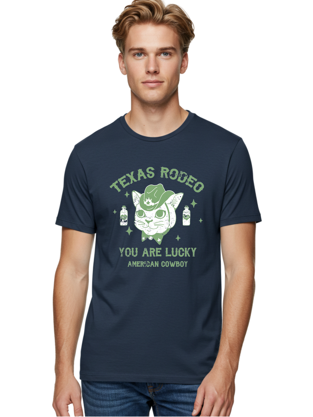 Cowboy Men'S Graphic Tee, 100% Cotton, Comfortable Casual Summer Wear, Machine Washable, Cowboy Cat, Western Wear, Texas Rodeo, Lucky Charm, American Cowboy, Feline Cowboy, Country Style, Cowboy Hat, Star Motif, Whiskey Bottles, Retro Vibe, Aae208