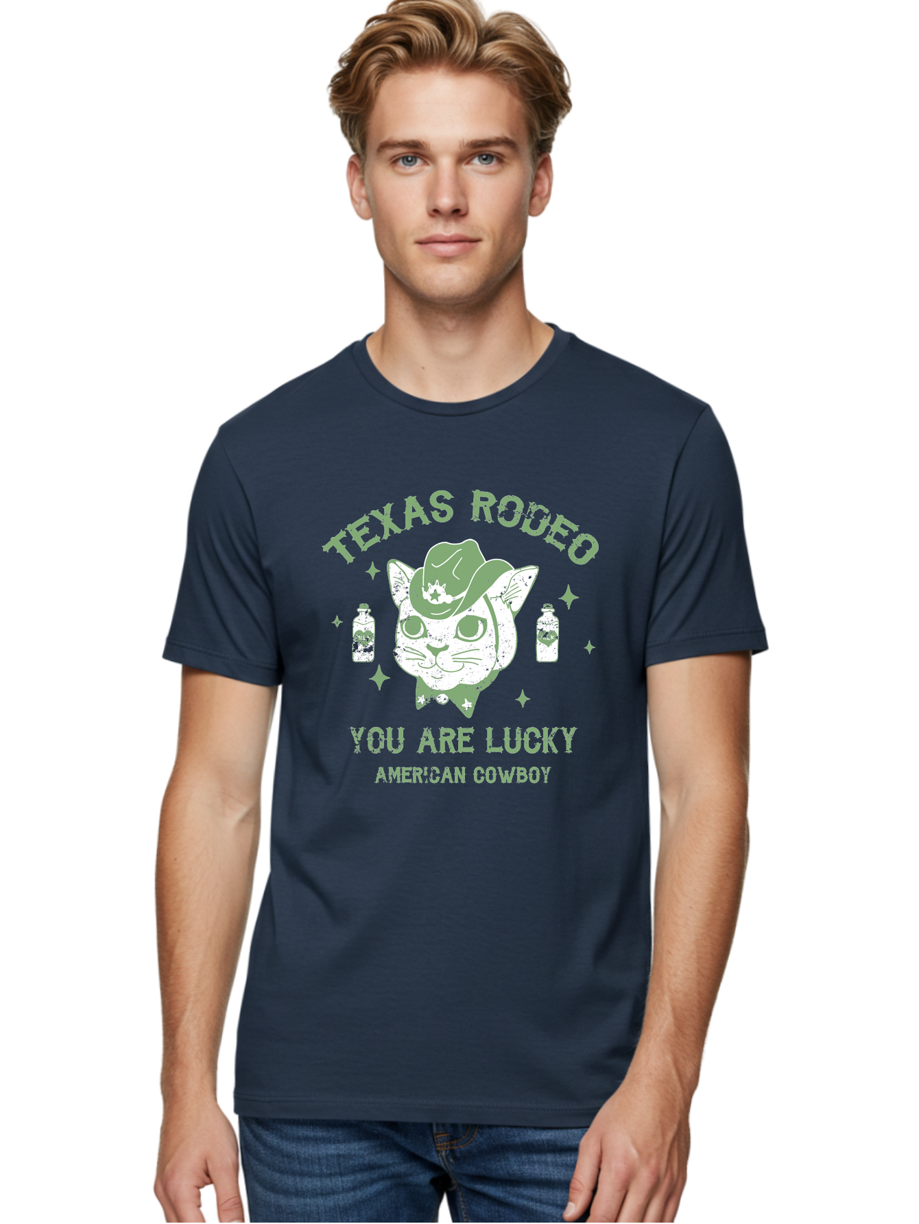 Cowboy Men'S Graphic Tee, 100% Cotton, Comfortable Casual Summer Wear, Machine Washable, Cowboy Cat, Western Wear, Texas Rodeo, Lucky Charm, American Cowboy, Feline Cowboy, Country Style, Cowboy Hat, Star Motif, Whiskey Bottles, Retro Vibe, Aae208