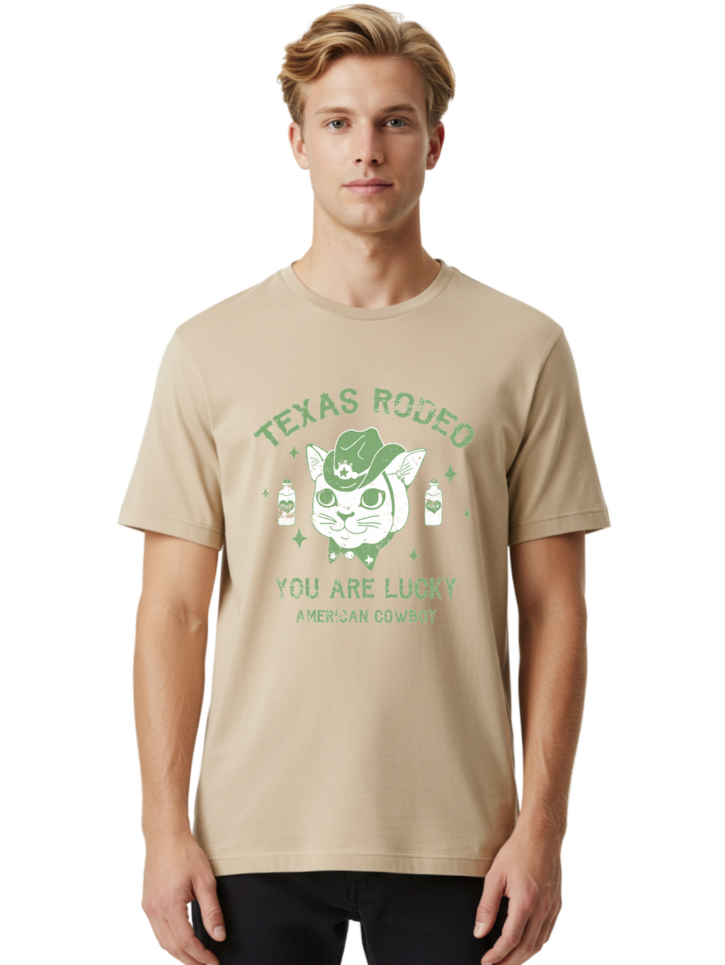 Cowboy Men'S Graphic Tee, 100% Cotton, Comfortable Casual Summer Wear, Machine Washable, Cowboy Cat, Western Wear, Texas Rodeo, Lucky Charm, American Cowboy, Feline Cowboy, Country Style, Cowboy Hat, Star Motif, Whiskey Bottles, Retro Vibe, Aae208