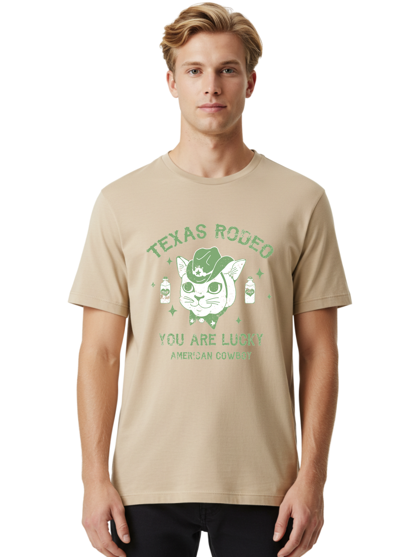 Cowboy Men'S Graphic Tee, 100% Cotton, Comfortable Casual Summer Wear, Machine Washable, Cowboy Cat, Western Wear, Texas Rodeo, Lucky Charm, American Cowboy, Feline Cowboy, Country Style, Cowboy Hat, Star Motif, Whiskey Bottles, Retro Vibe, Aae208