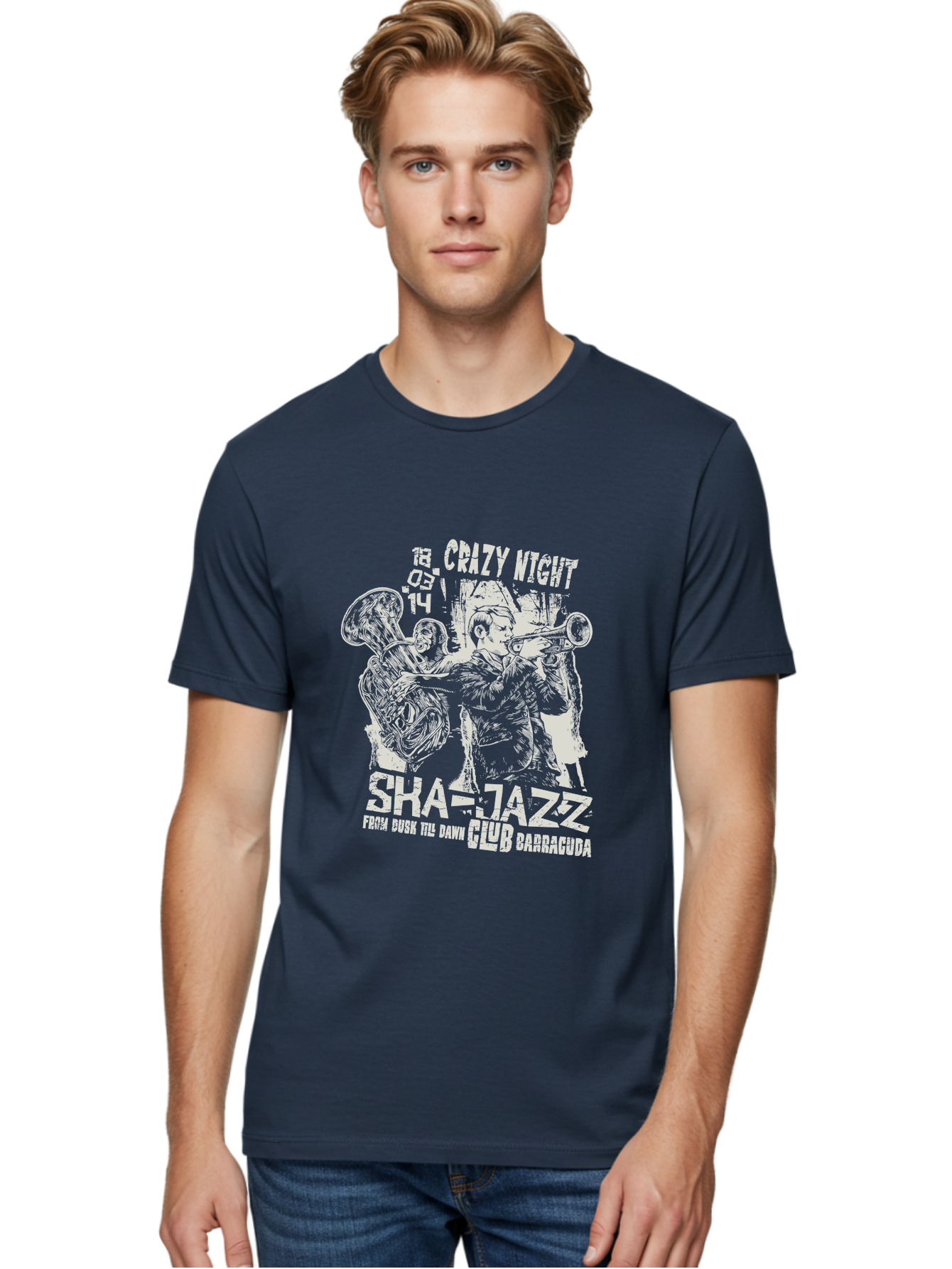 Crazy Night Jazz Club Men'S Graphic Tee, 100% Cotton, Comfortable Casual Summer Wear, Machine Washable, Jazz Night, Live Music, Sha-Jazz Performance, Crazy Night Event, Musicians Playing Instruments, Trumpet Player, Saxophonist, 18.05.14, Aae211