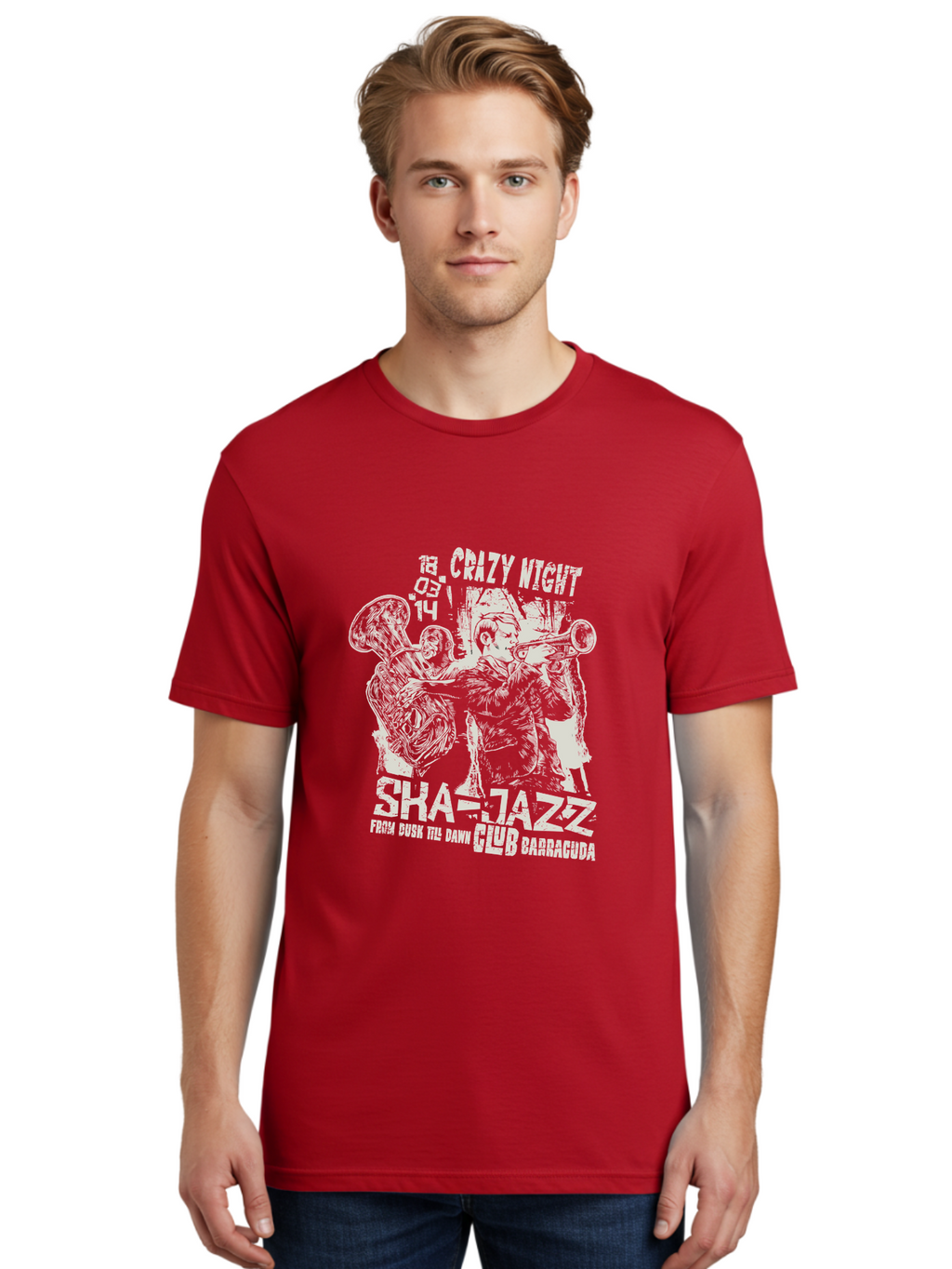 Crazy Night Jazz Club Men'S Graphic Tee, 100% Cotton, Comfortable Casual Summer Wear, Machine Washable, Jazz Night, Live Music, Sha-Jazz Performance, Crazy Night Event, Musicians Playing Instruments, Trumpet Player, Saxophonist, 18.05.14, Aae211