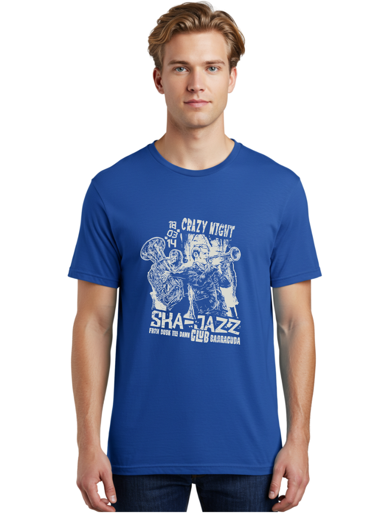 Crazy Night Jazz Club Men'S Graphic Tee, 100% Cotton, Comfortable Casual Summer Wear, Machine Washable, Jazz Night, Live Music, Sha-Jazz Performance, Crazy Night Event, Musicians Playing Instruments, Trumpet Player, Saxophonist, 18.05.14, Aae211