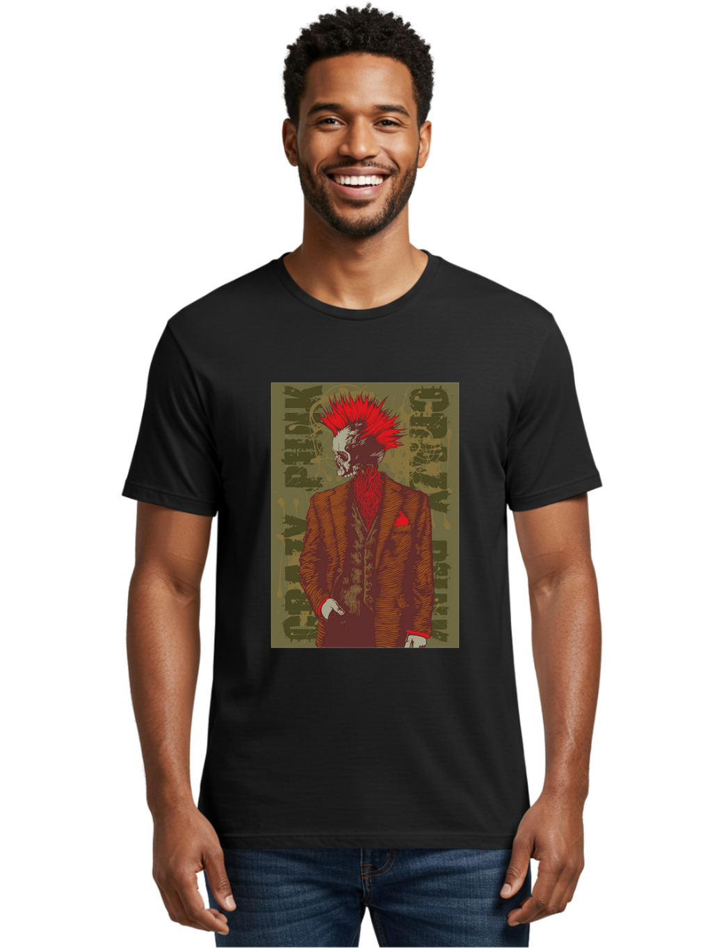 Crazy Punk Men'S Graphic Tee, 100% Cotton, Comfortable Casual Summer Wear, Machine Washable, Punk Rock Skeleton, Spiky Red Hair, Brown Suit, Red Pocket Square, Dark Art, Grunge Style, Rock And Roll, Punk Fashion, Edgy Aesthetic Aae212