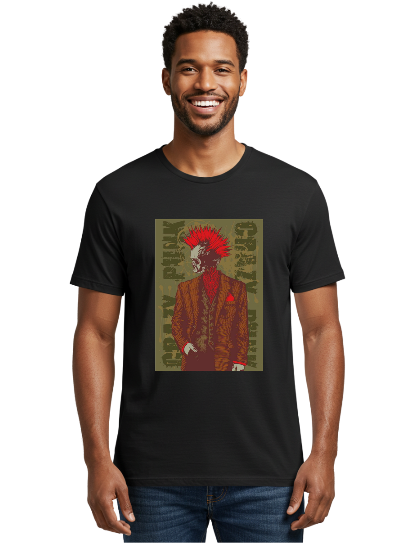 Crazy Punk Men'S Graphic Tee, 100% Cotton, Comfortable Casual Summer Wear, Machine Washable, Punk Rock Skeleton, Spiky Red Hair, Brown Suit, Red Pocket Square, Dark Art, Grunge Style, Rock And Roll, Punk Fashion, Edgy Aesthetic Aae212