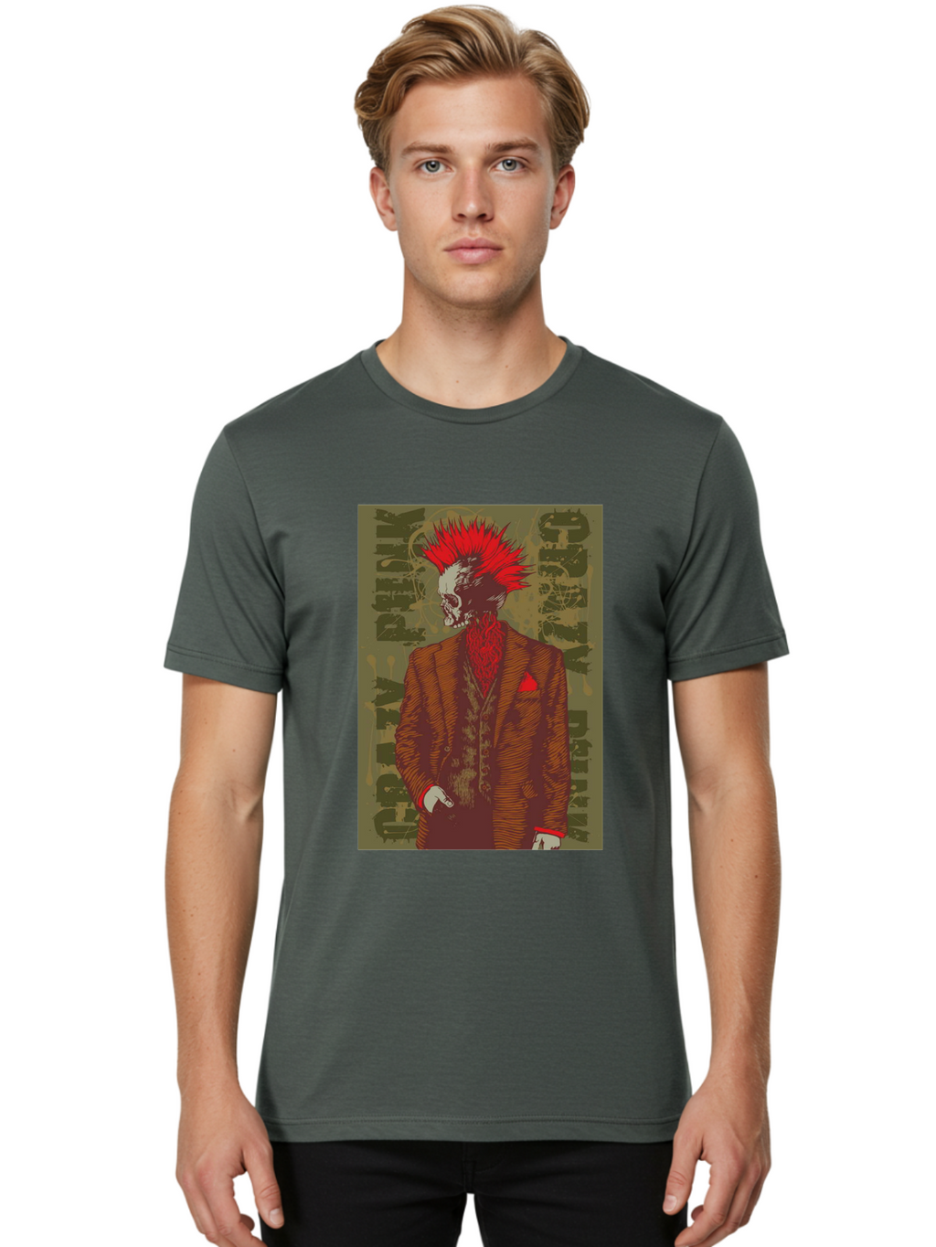 Crazy Punk Men'S Graphic Tee, 100% Cotton, Comfortable Casual Summer Wear, Machine Washable, Punk Rock Skeleton, Spiky Red Hair, Brown Suit, Red Pocket Square, Dark Art, Grunge Style, Rock And Roll, Punk Fashion, Edgy Aesthetic Aae212