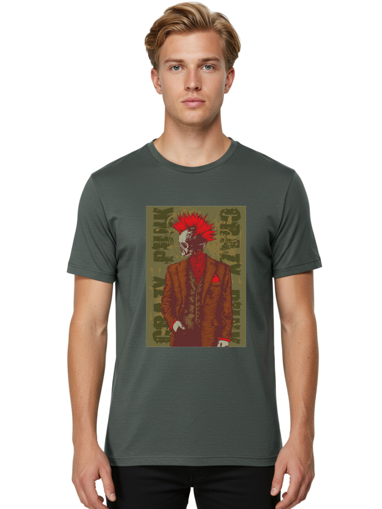 Crazy Punk Men'S Graphic Tee, 100% Cotton, Comfortable Casual Summer Wear, Machine Washable, Punk Rock Skeleton, Spiky Red Hair, Brown Suit, Red Pocket Square, Dark Art, Grunge Style, Rock And Roll, Punk Fashion, Edgy Aesthetic Aae212