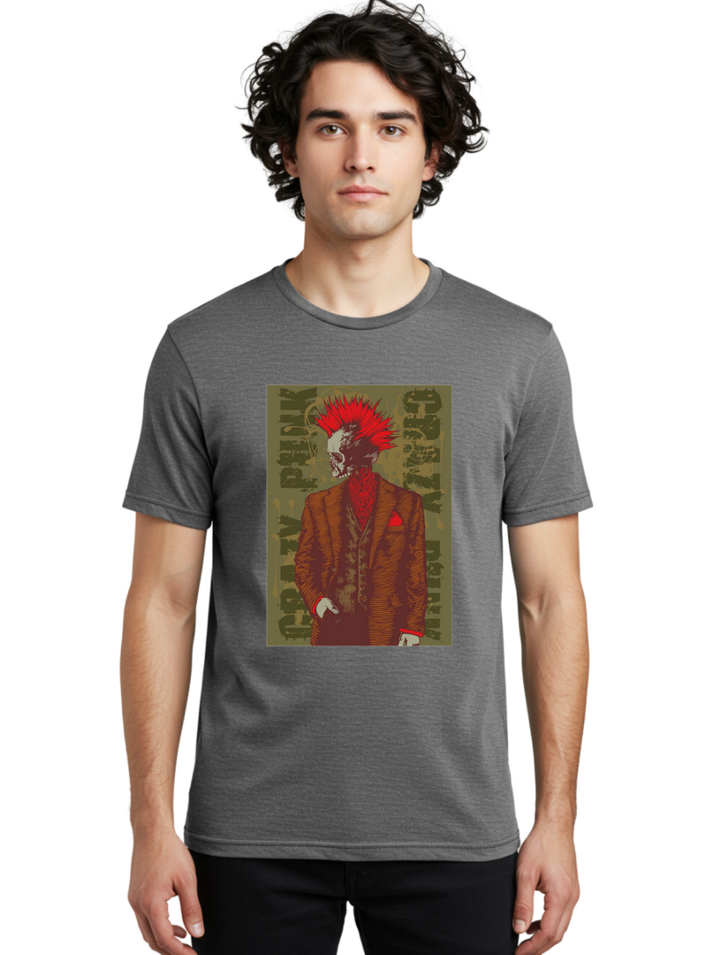 Crazy Punk Men'S Graphic Tee, 100% Cotton, Comfortable Casual Summer Wear, Machine Washable, Punk Rock Skeleton, Spiky Red Hair, Brown Suit, Red Pocket Square, Dark Art, Grunge Style, Rock And Roll, Punk Fashion, Edgy Aesthetic Aae212