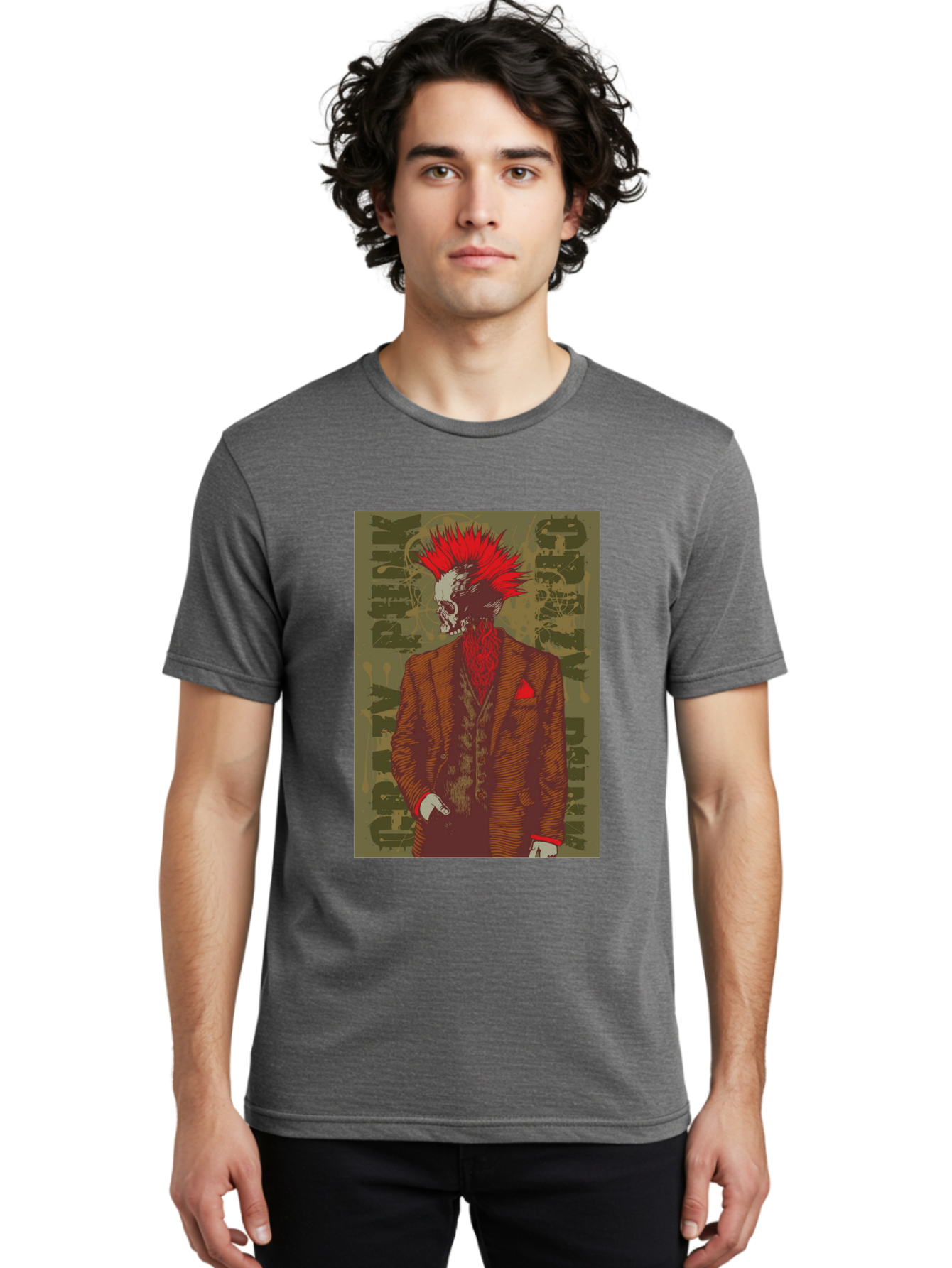 Crazy Punk Men'S Graphic Tee, 100% Cotton, Comfortable Casual Summer Wear, Machine Washable, Punk Rock Skeleton, Spiky Red Hair, Brown Suit, Red Pocket Square, Dark Art, Grunge Style, Rock And Roll, Punk Fashion, Edgy Aesthetic Aae212
