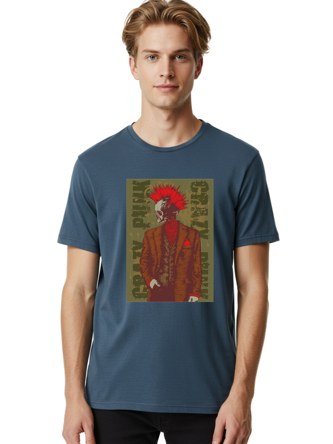 Crazy Punk Men'S Graphic Tee, 100% Cotton, Comfortable Casual Summer Wear, Machine Washable, Punk Rock Skeleton, Spiky Red Hair, Brown Suit, Red Pocket Square, Dark Art, Grunge Style, Rock And Roll, Punk Fashion, Edgy Aesthetic Aae212