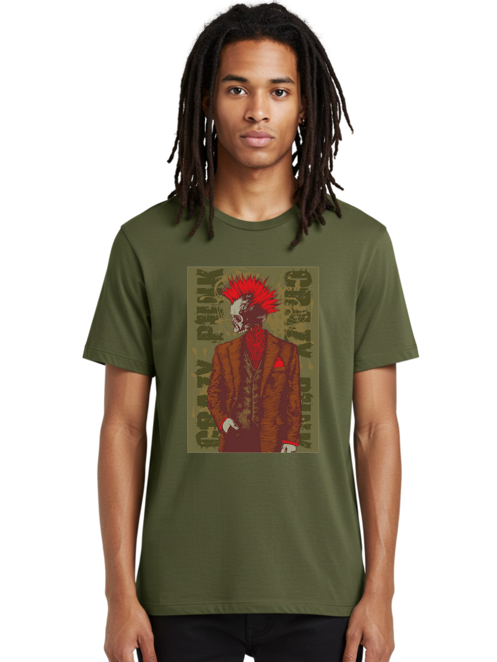 Crazy Punk Men'S Graphic Tee, 100% Cotton, Comfortable Casual Summer Wear, Machine Washable, Punk Rock Skeleton, Spiky Red Hair, Brown Suit, Red Pocket Square, Dark Art, Grunge Style, Rock And Roll, Punk Fashion, Edgy Aesthetic Aae212