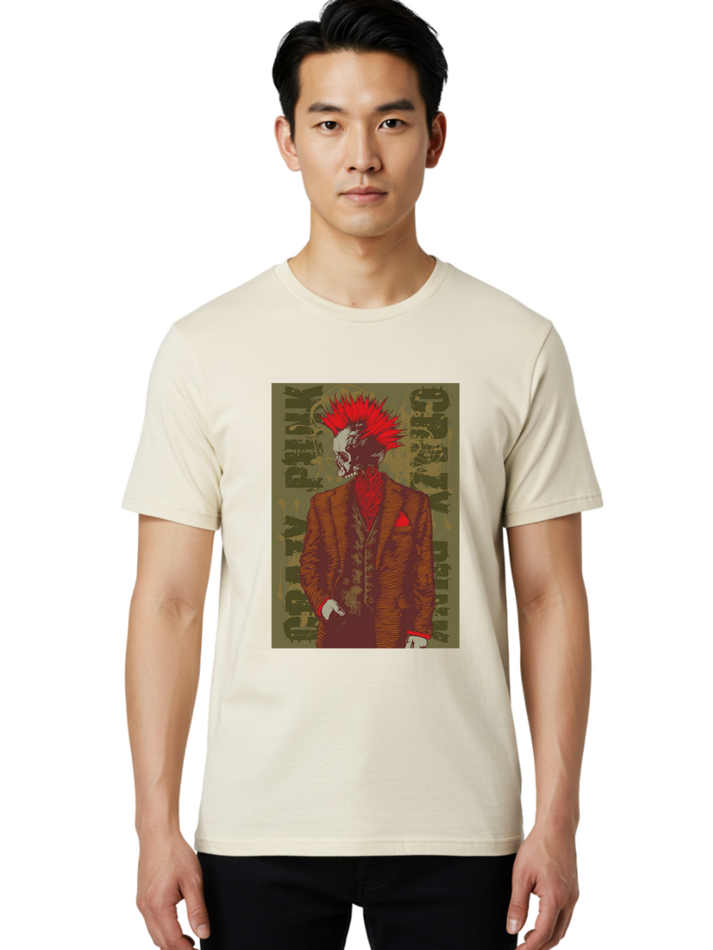 Crazy Punk Men'S Graphic Tee, 100% Cotton, Comfortable Casual Summer Wear, Machine Washable, Punk Rock Skeleton, Spiky Red Hair, Brown Suit, Red Pocket Square, Dark Art, Grunge Style, Rock And Roll, Punk Fashion, Edgy Aesthetic Aae212