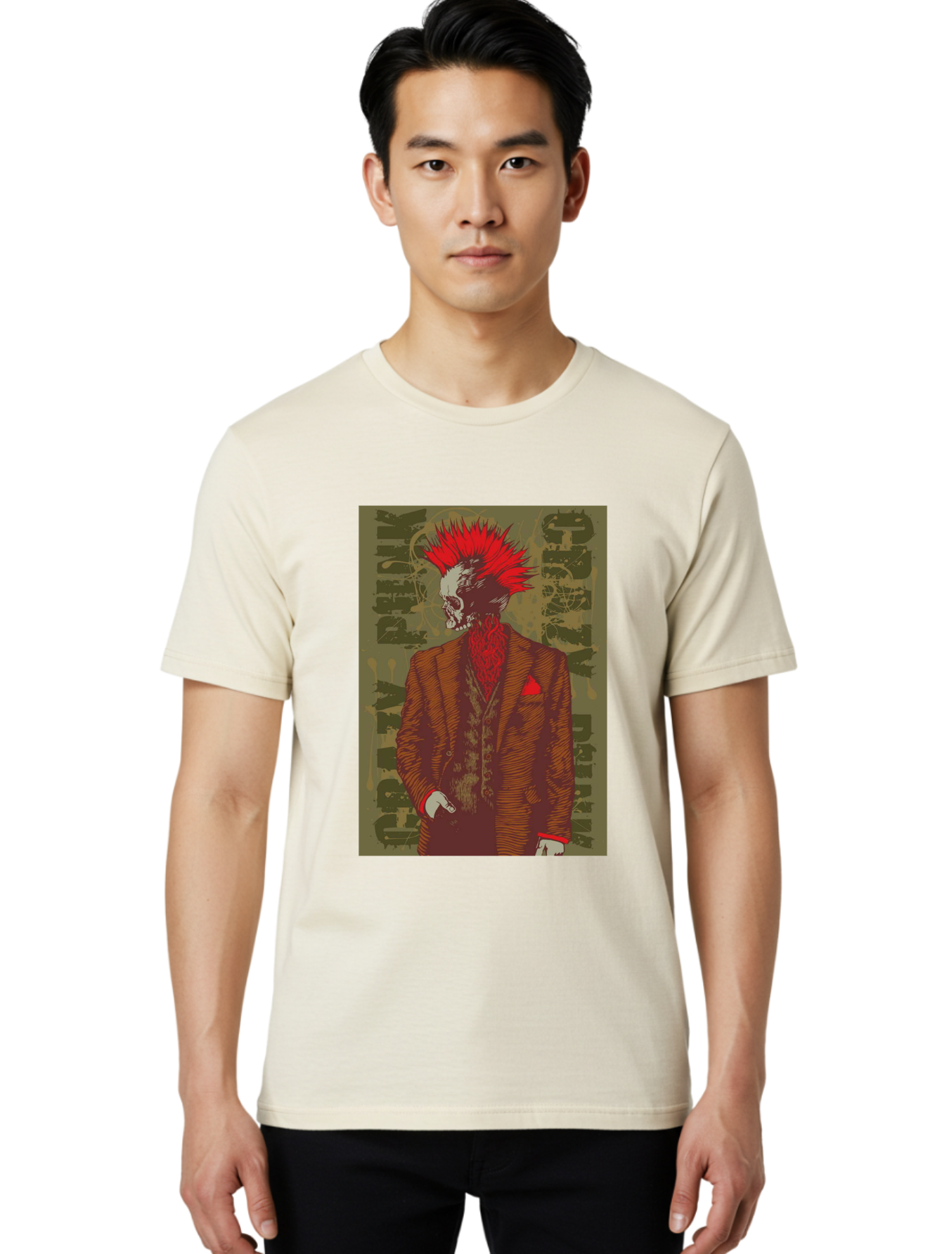 Crazy Punk Men'S Graphic Tee, 100% Cotton, Comfortable Casual Summer Wear, Machine Washable, Punk Rock Skeleton, Spiky Red Hair, Brown Suit, Red Pocket Square, Dark Art, Grunge Style, Rock And Roll, Punk Fashion, Edgy Aesthetic Aae212