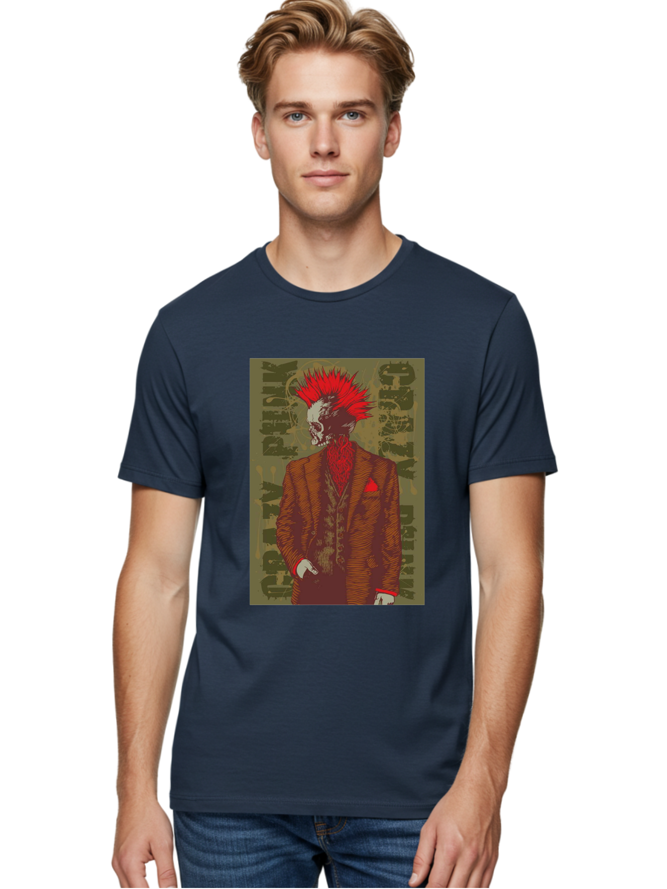 Crazy Punk Men'S Graphic Tee, 100% Cotton, Comfortable Casual Summer Wear, Machine Washable, Punk Rock Skeleton, Spiky Red Hair, Brown Suit, Red Pocket Square, Dark Art, Grunge Style, Rock And Roll, Punk Fashion, Edgy Aesthetic Aae212