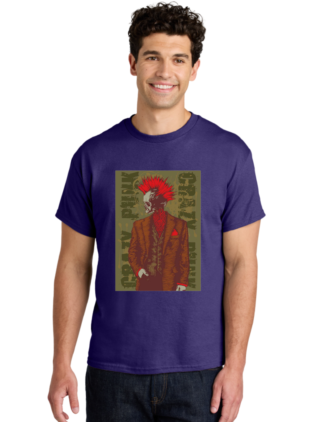 Crazy Punk Men'S Graphic Tee, 100% Cotton, Comfortable Casual Summer Wear, Machine Washable, Punk Rock Skeleton, Spiky Red Hair, Brown Suit, Red Pocket Square, Dark Art, Grunge Style, Rock And Roll, Punk Fashion, Edgy Aesthetic Aae212