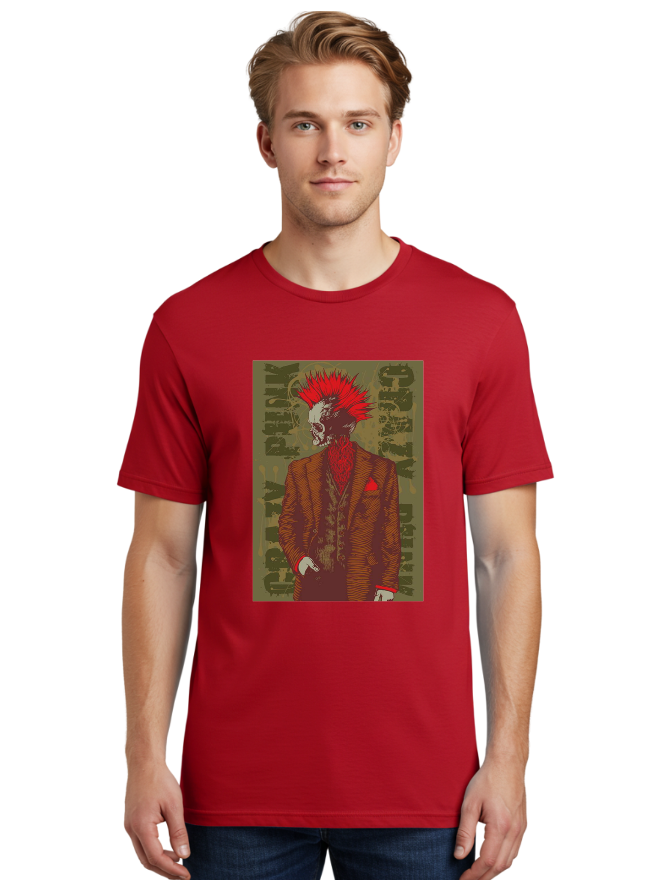 Crazy Punk Men'S Graphic Tee, 100% Cotton, Comfortable Casual Summer Wear, Machine Washable, Punk Rock Skeleton, Spiky Red Hair, Brown Suit, Red Pocket Square, Dark Art, Grunge Style, Rock And Roll, Punk Fashion, Edgy Aesthetic Aae212