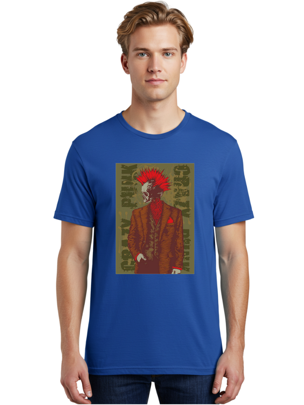Crazy Punk Men'S Graphic Tee, 100% Cotton, Comfortable Casual Summer Wear, Machine Washable, Punk Rock Skeleton, Spiky Red Hair, Brown Suit, Red Pocket Square, Dark Art, Grunge Style, Rock And Roll, Punk Fashion, Edgy Aesthetic Aae212