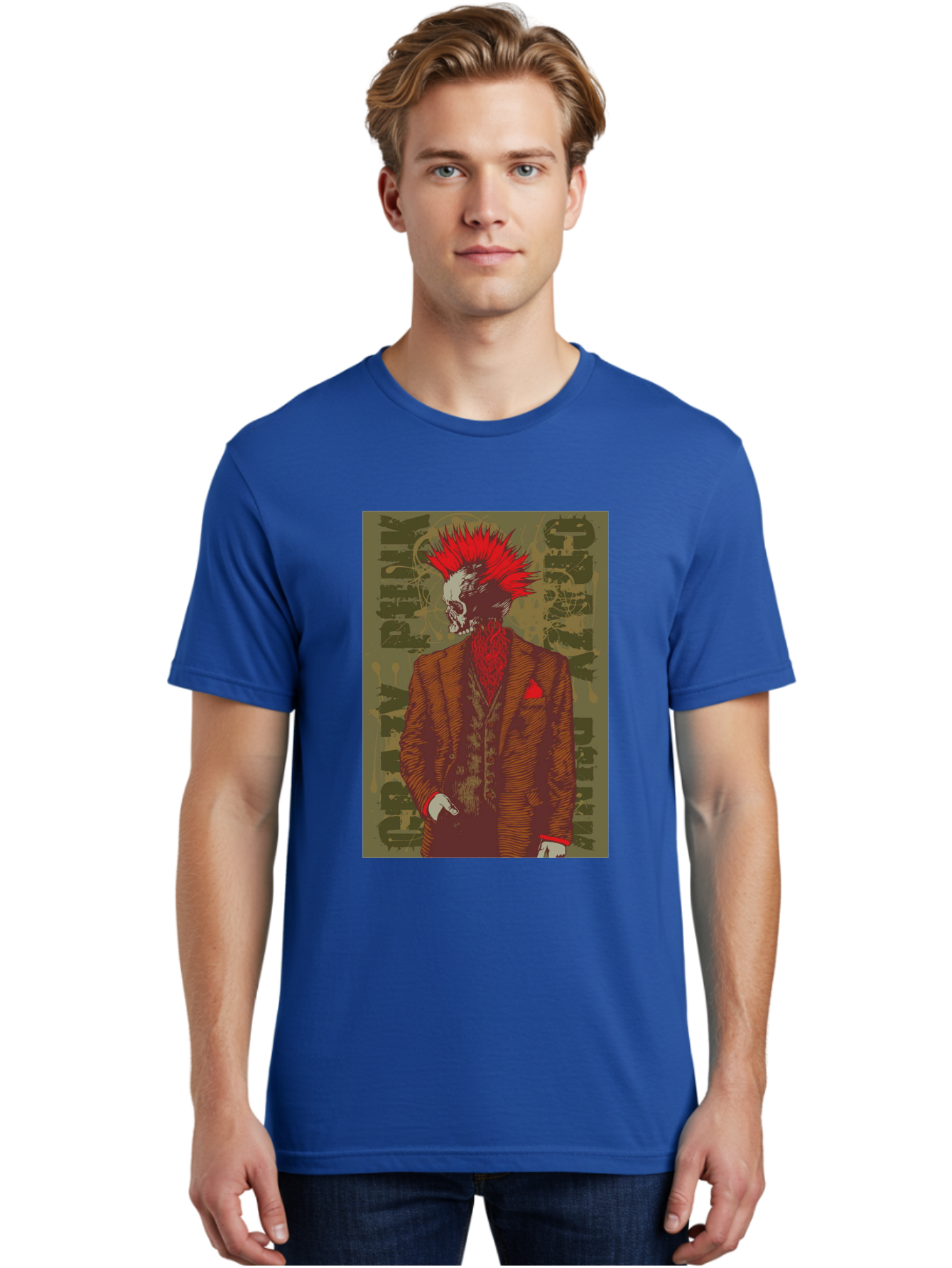 Crazy Punk Men'S Graphic Tee, 100% Cotton, Comfortable Casual Summer Wear, Machine Washable, Punk Rock Skeleton, Spiky Red Hair, Brown Suit, Red Pocket Square, Dark Art, Grunge Style, Rock And Roll, Punk Fashion, Edgy Aesthetic Aae212