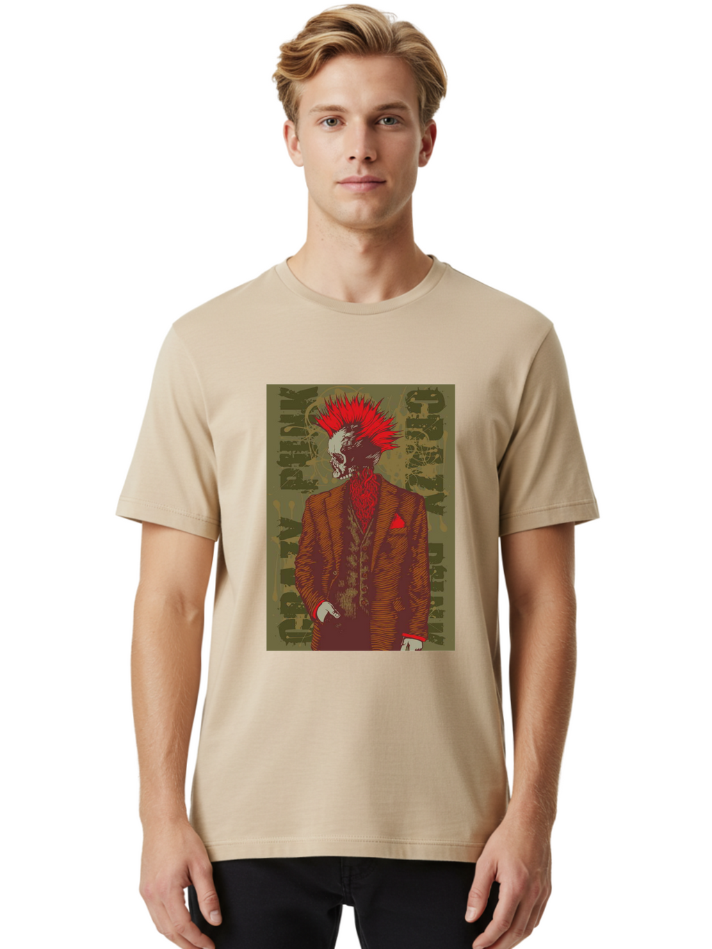 Crazy Punk Men'S Graphic Tee, 100% Cotton, Comfortable Casual Summer Wear, Machine Washable, Punk Rock Skeleton, Spiky Red Hair, Brown Suit, Red Pocket Square, Dark Art, Grunge Style, Rock And Roll, Punk Fashion, Edgy Aesthetic Aae212